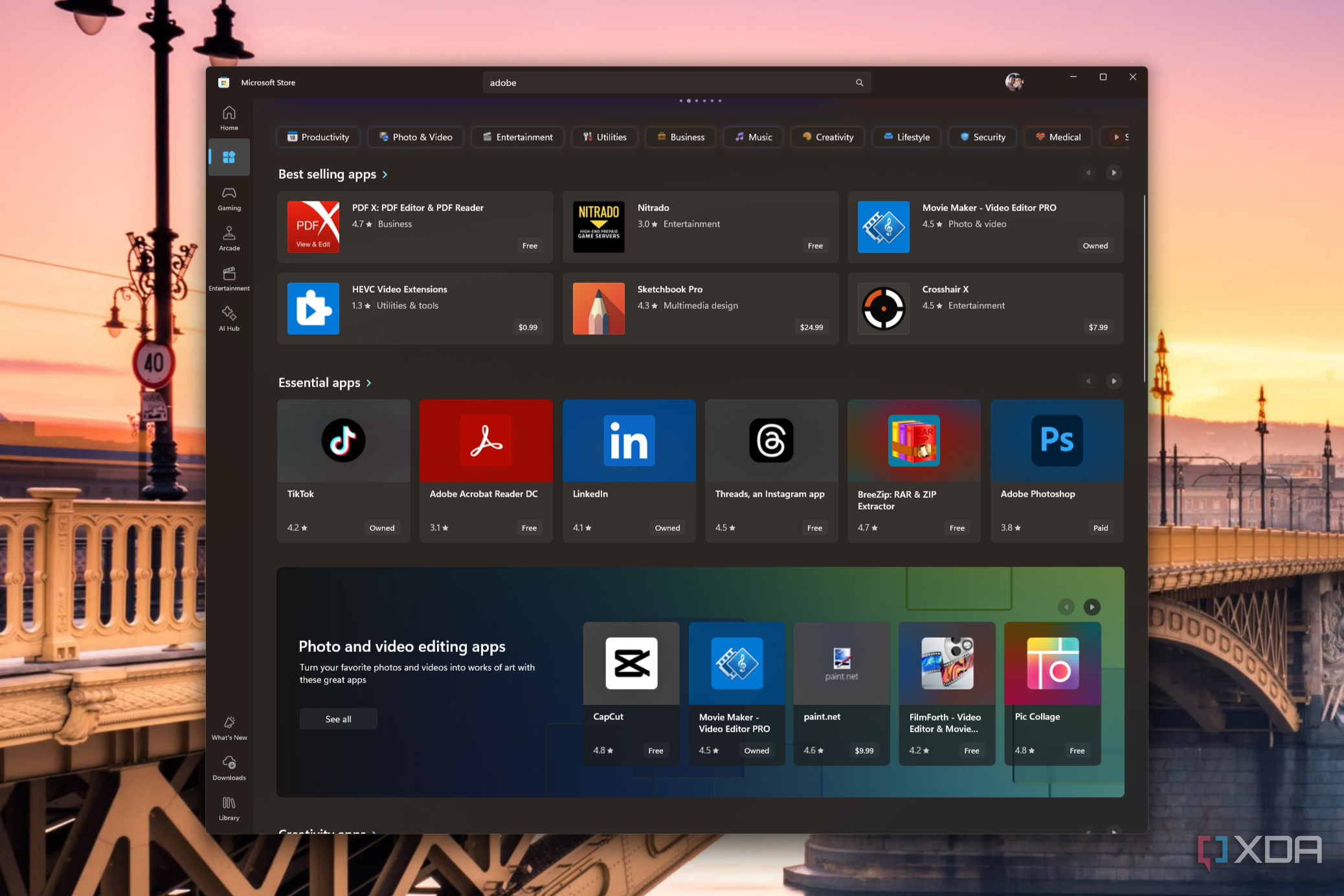 Screenshot of the Microsoft Store showing various apps