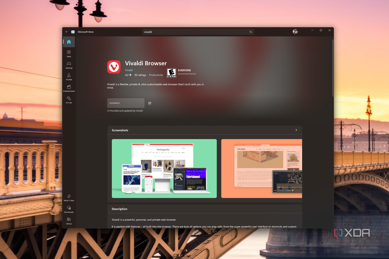 Screenshot of the Vivaldi page on the Microsoft Store showing that it's externally hosted