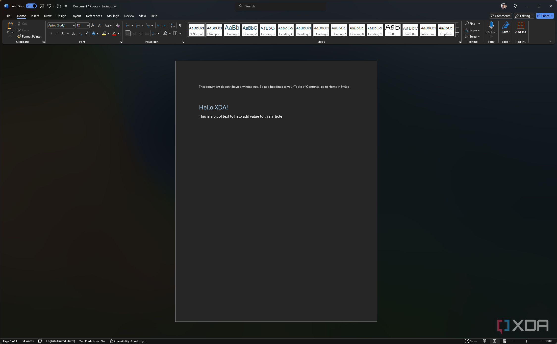 Screenshot of Microsoft Word for Windows with a Heading