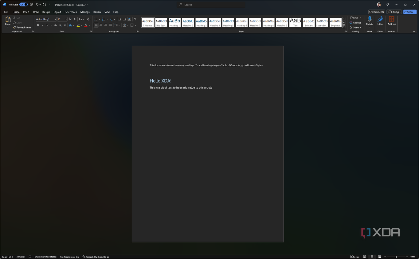 Screenshot of Microsoft Word for Windows with a Heading