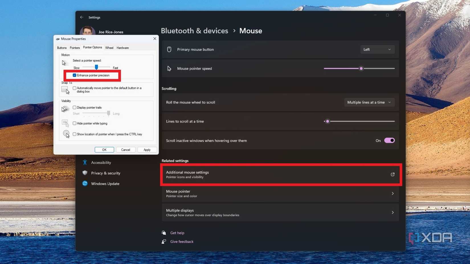 screenshot of windows mouse settings with enhance pointer precision highlighted