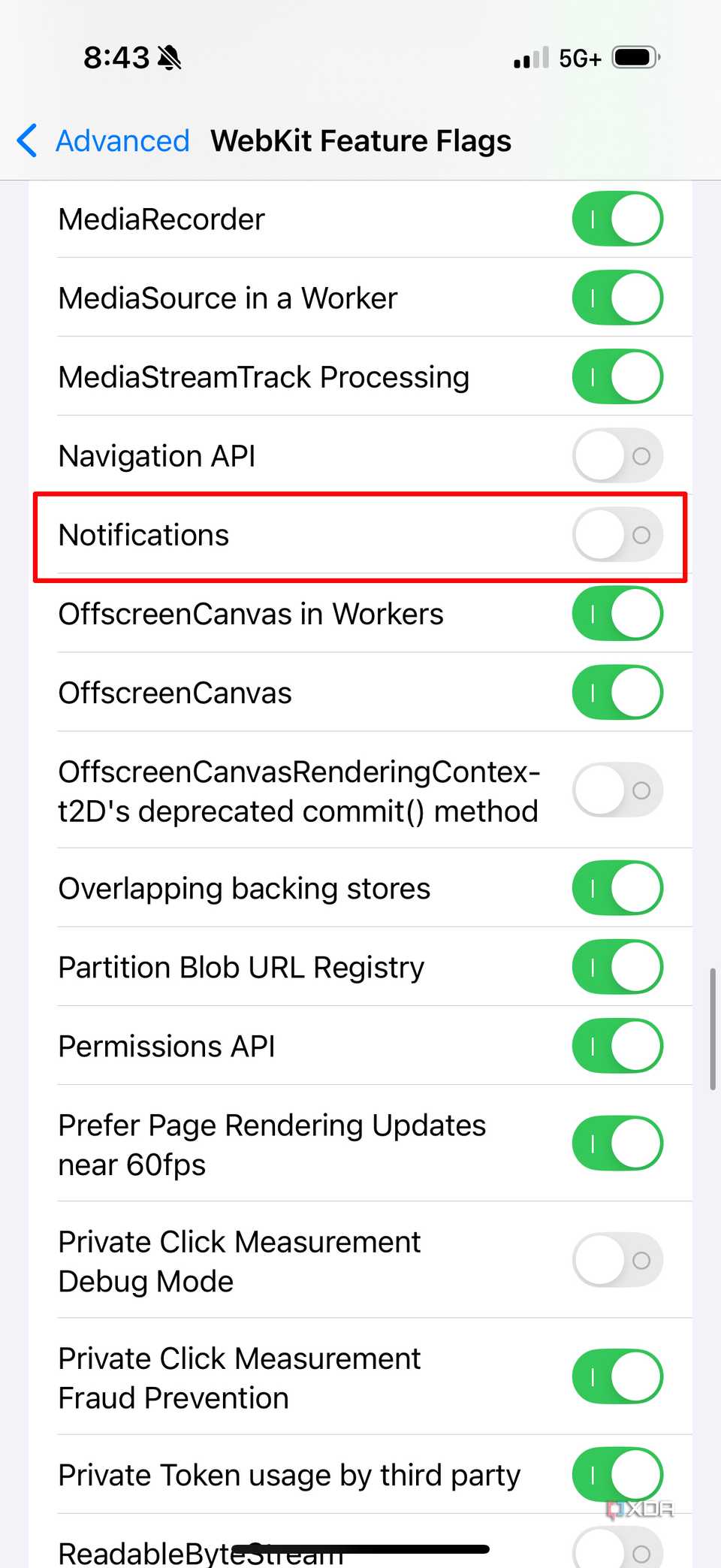 The Notifications flag toggle in Safari settings in iOS 18.