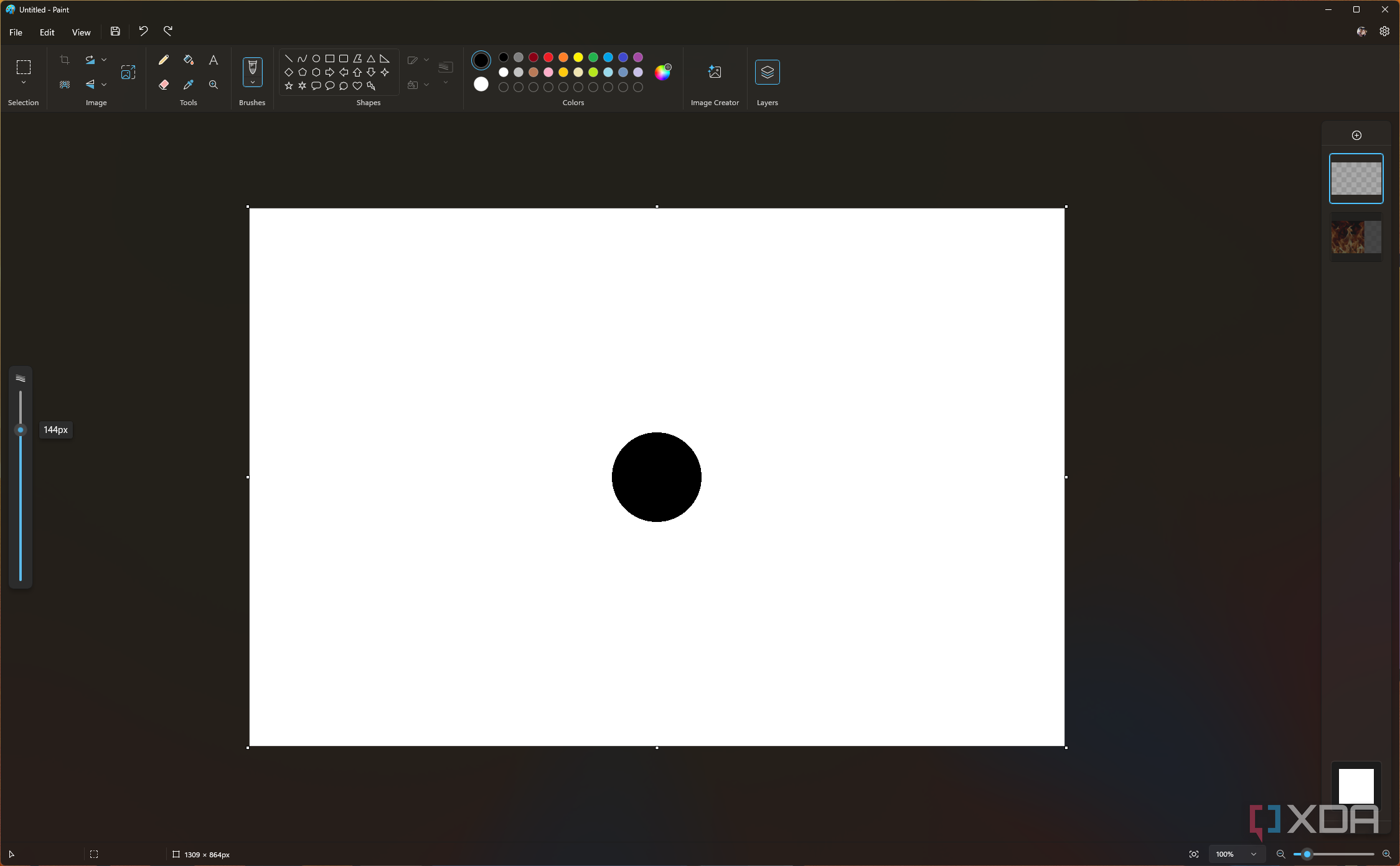 Screenshot of paint showing the brush size slider with a preview of the size and appearance of the brush