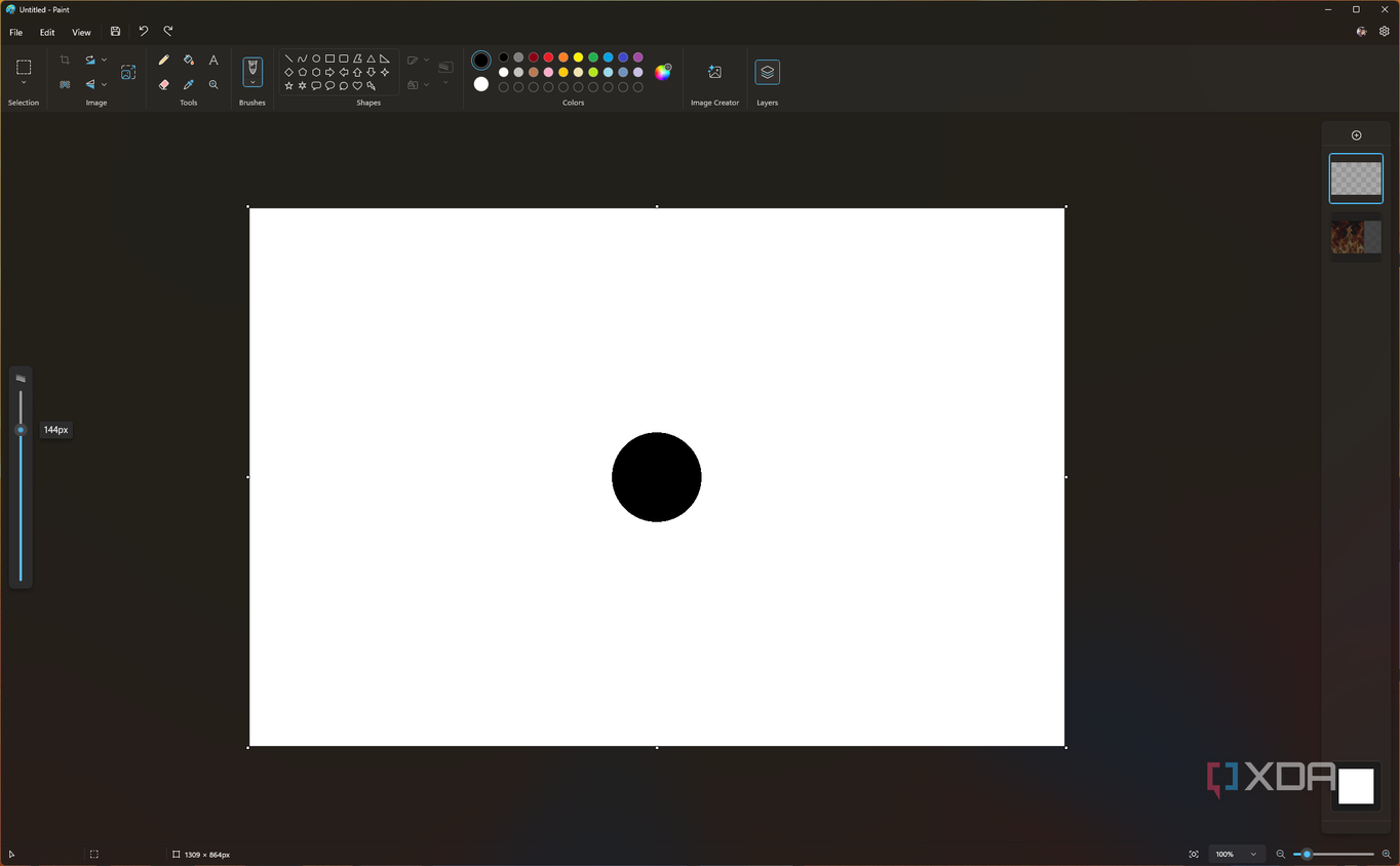 Screenshot of paint showing the brush size slider with a preview of the size and appearance of the brush