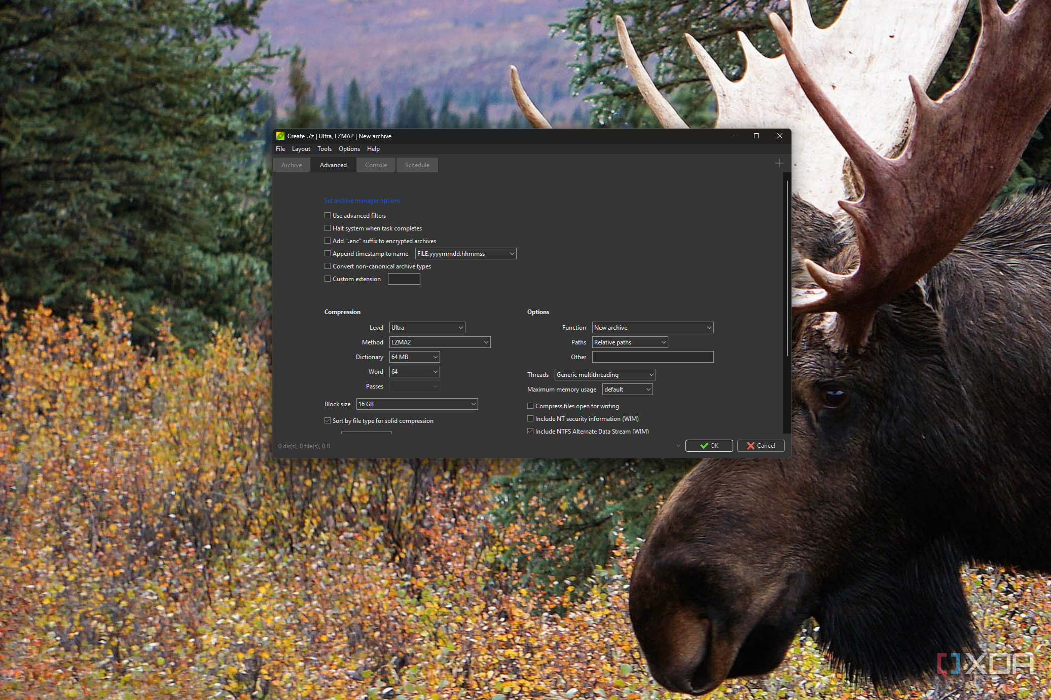 Screenshot of file compression settings in PeaZip