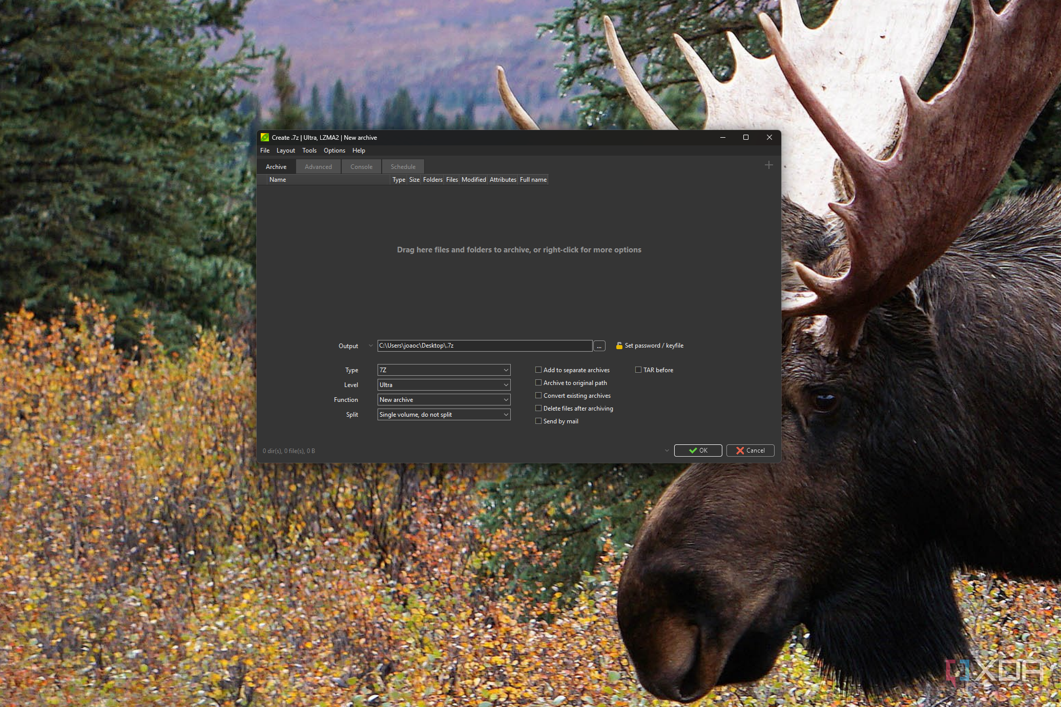 Screenshot of PeaZip file compression dialog with a message telling the user how to add files to an archive