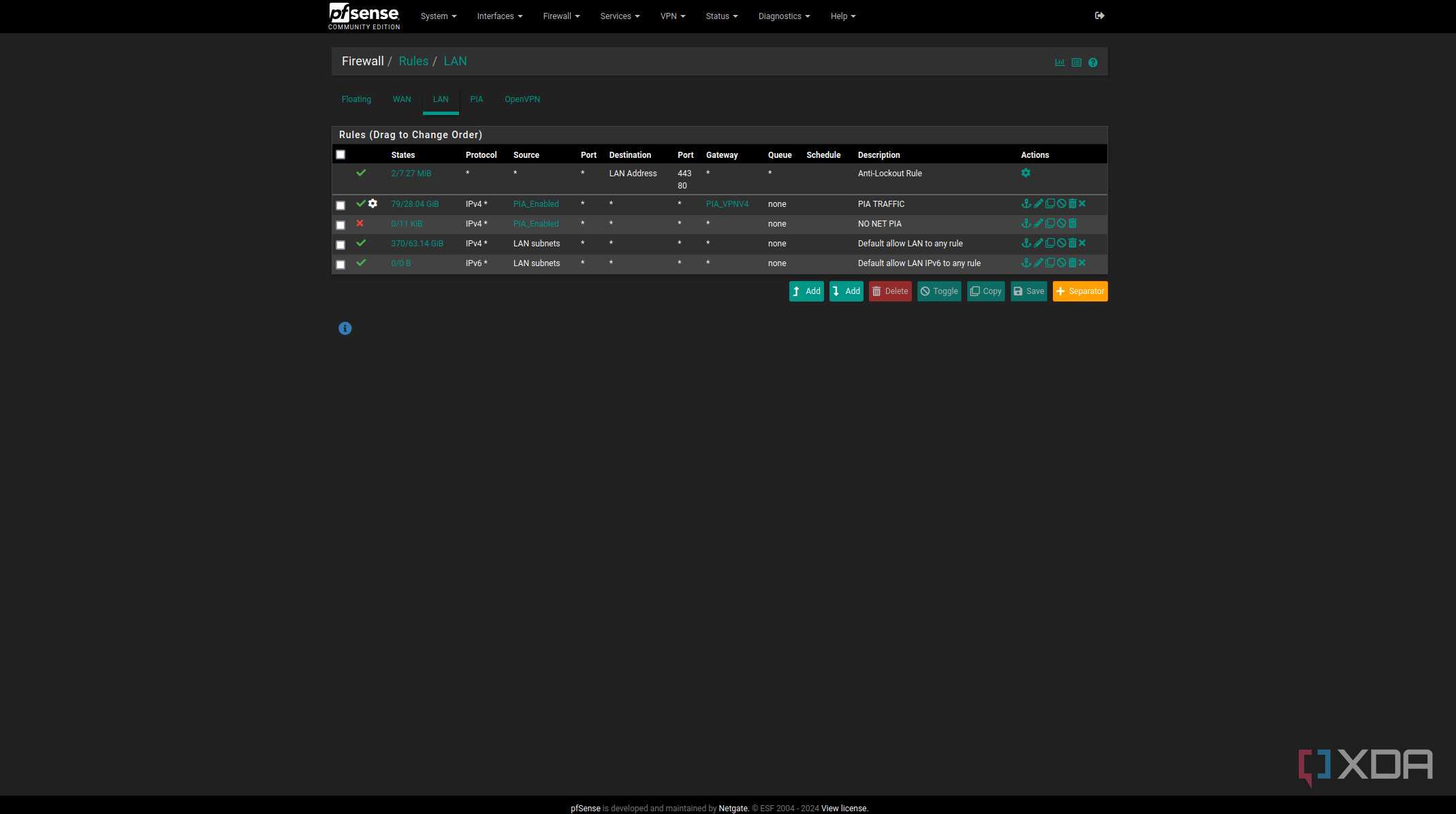 Added firewall rules to pfSense