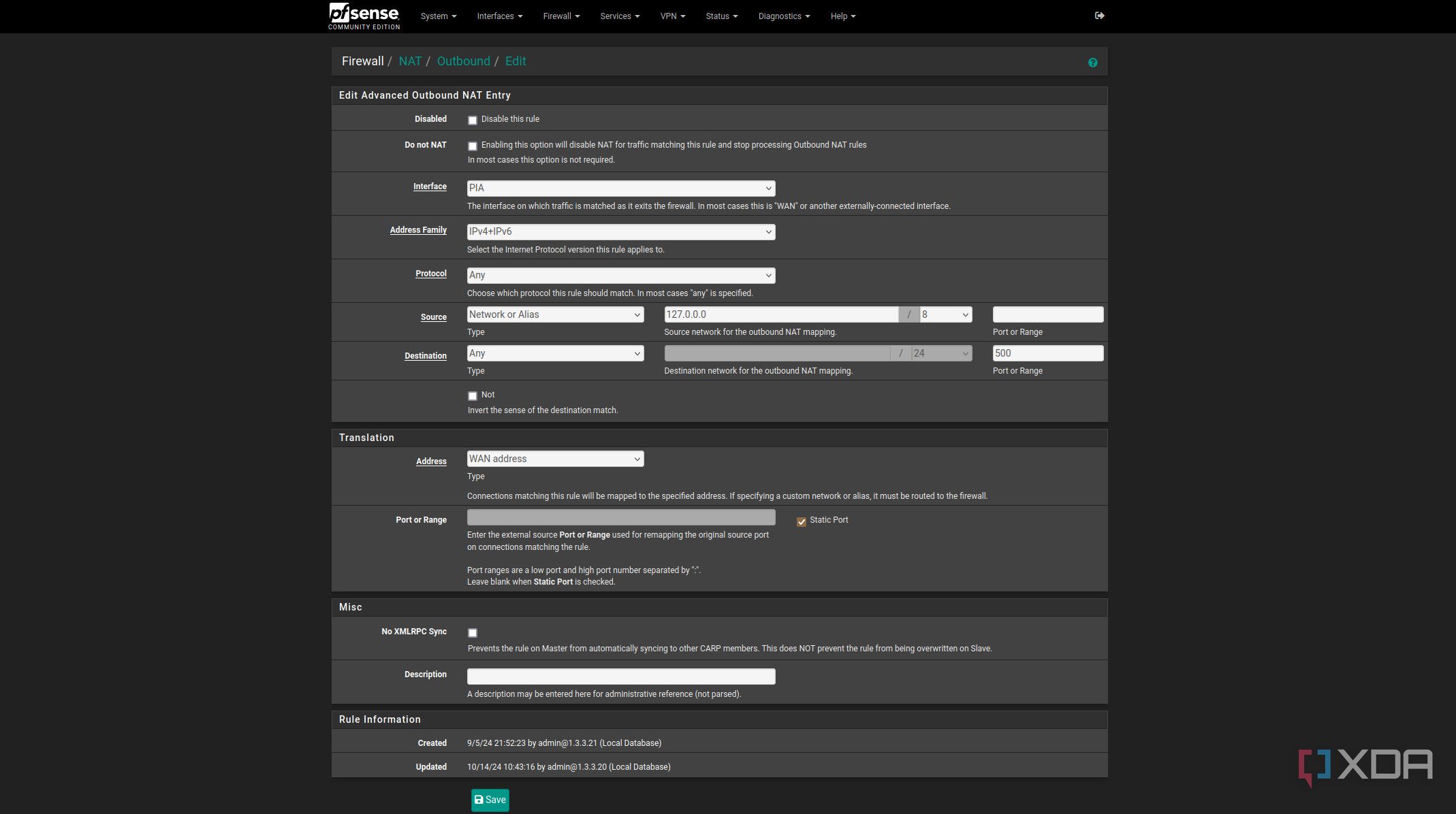 Adding firewall NAT outbound rule on pfSense