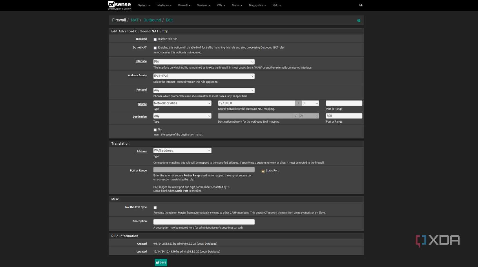 Adding firewall NAT outbound rule on pfSense