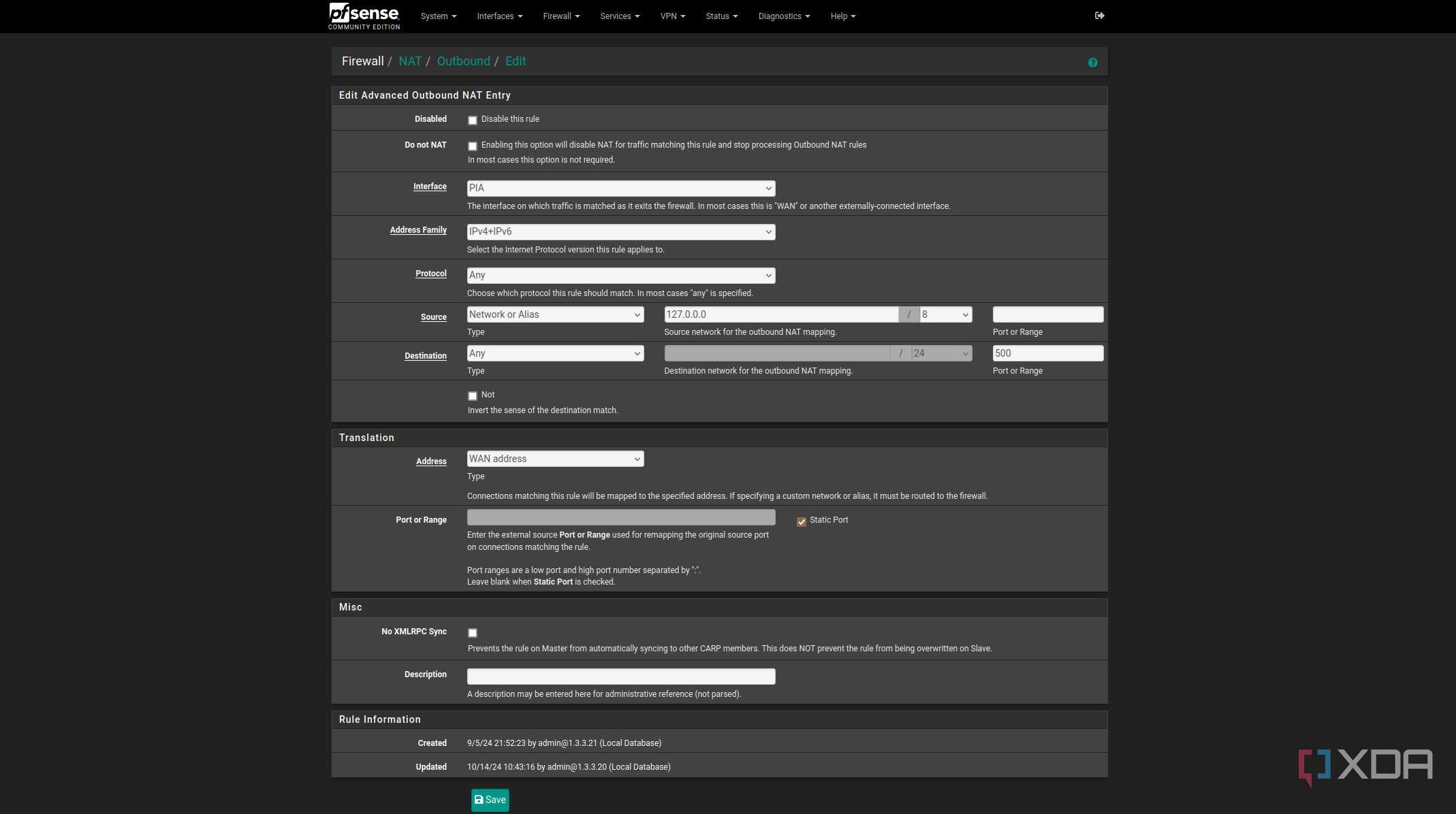 Adding firewall NAT outbound rule on pfSense