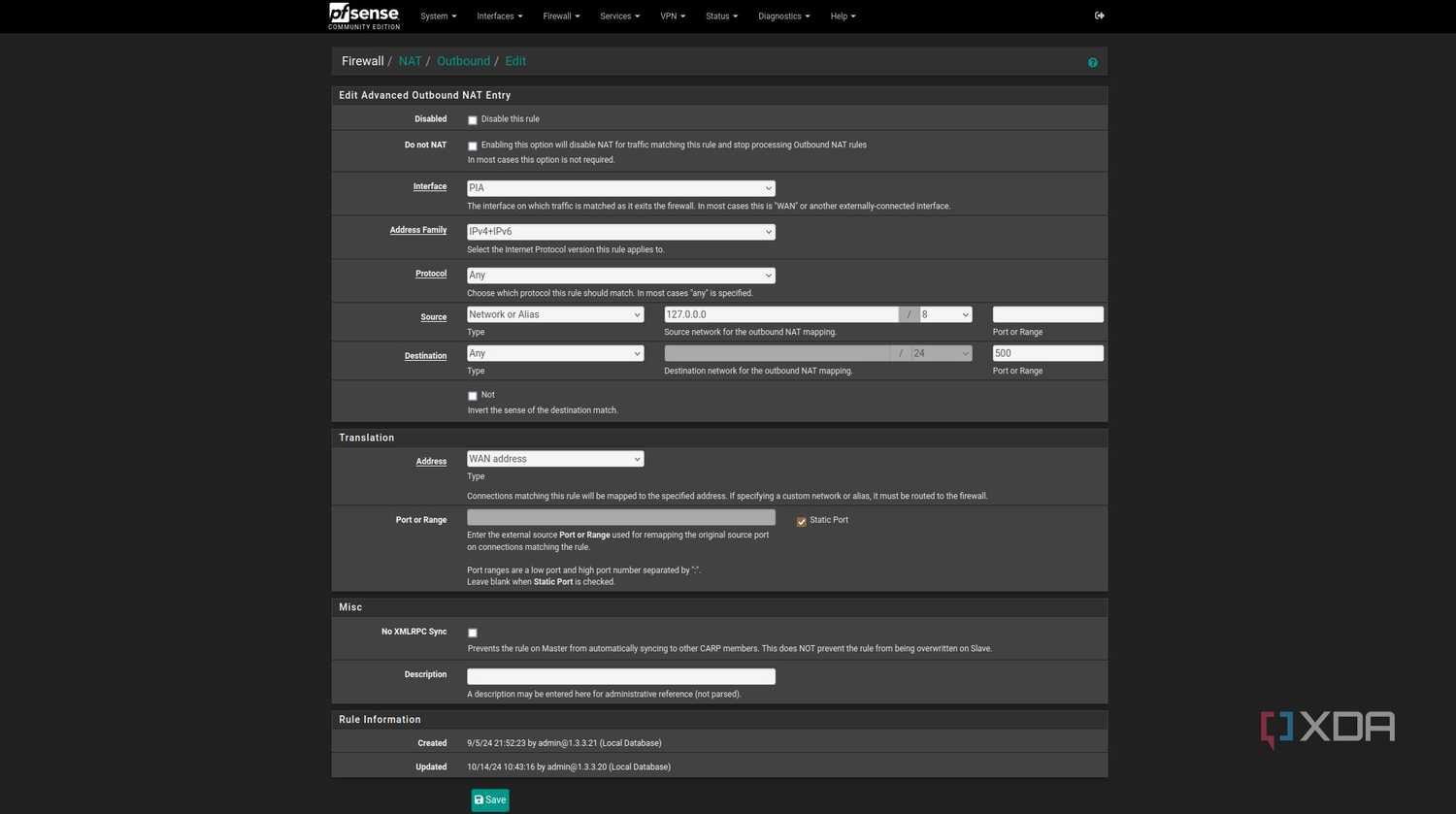 Adding firewall NAT outbound rule on pfSense