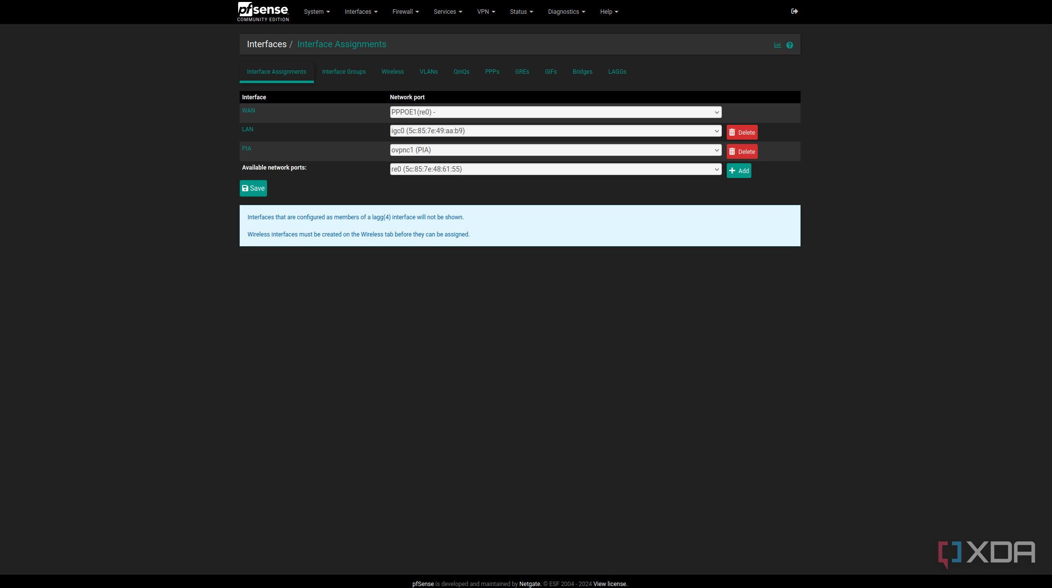 pfSense interface assignments