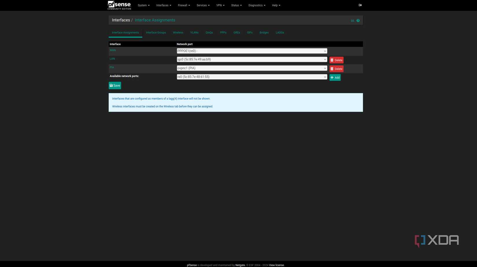 pfSense interface assignments