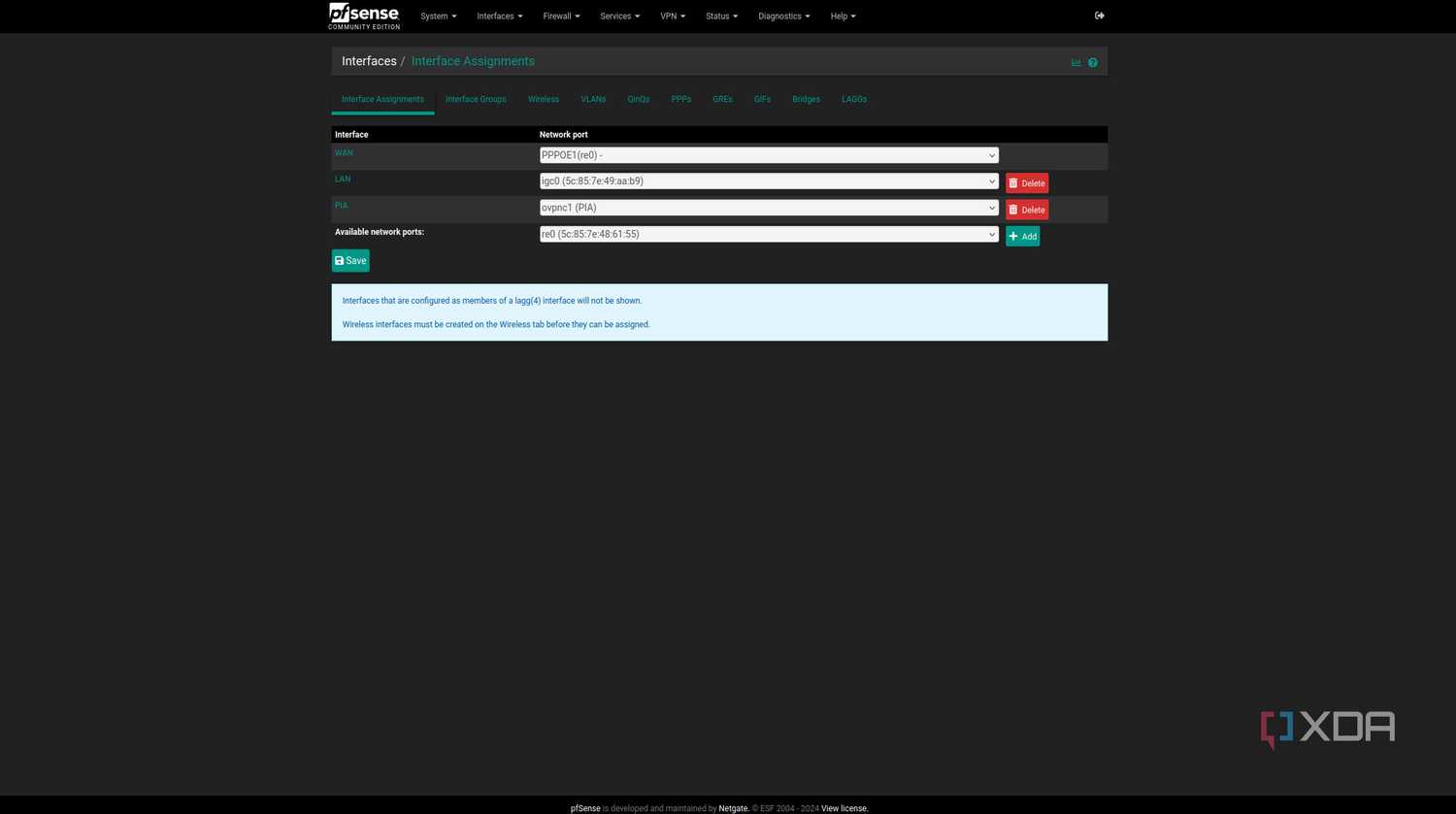 pfSense interface assignments