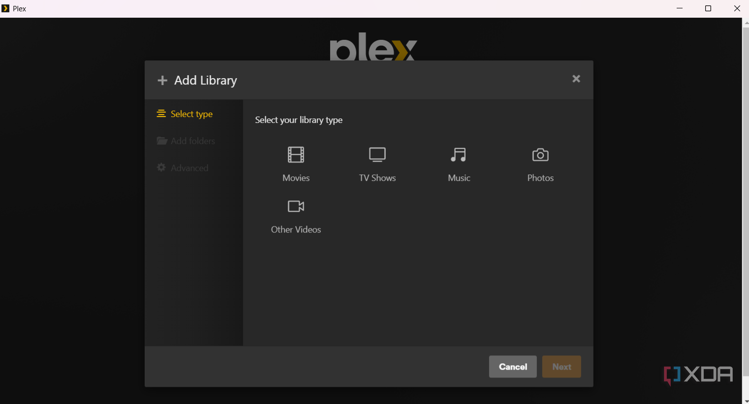 Screenshot showing option to choose media type in Plex
