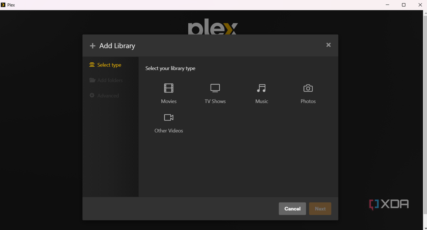 Screenshot showing option to choose media type in Plex