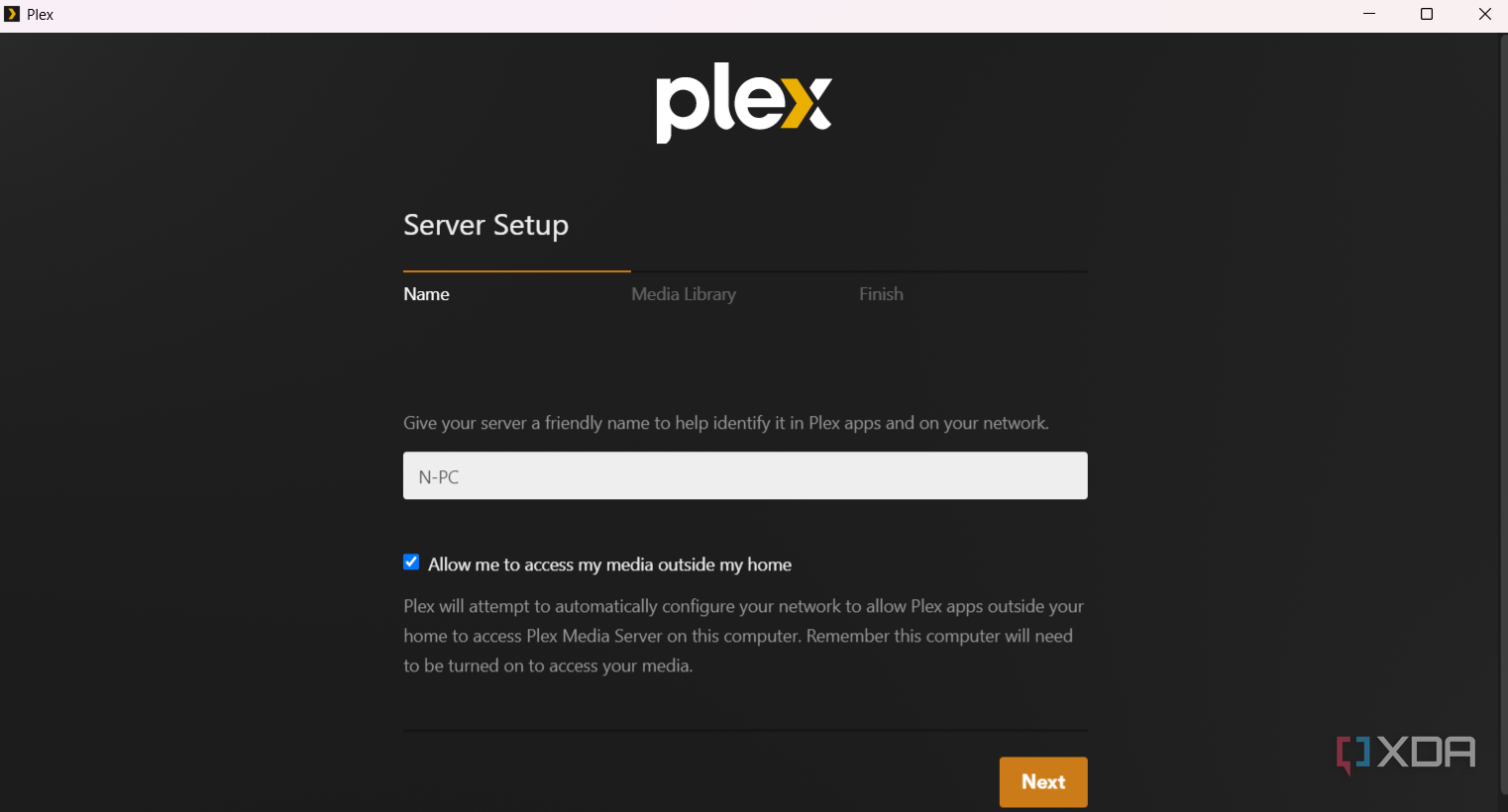 Screenshot showing Plex Server Setup Wizard on Windows