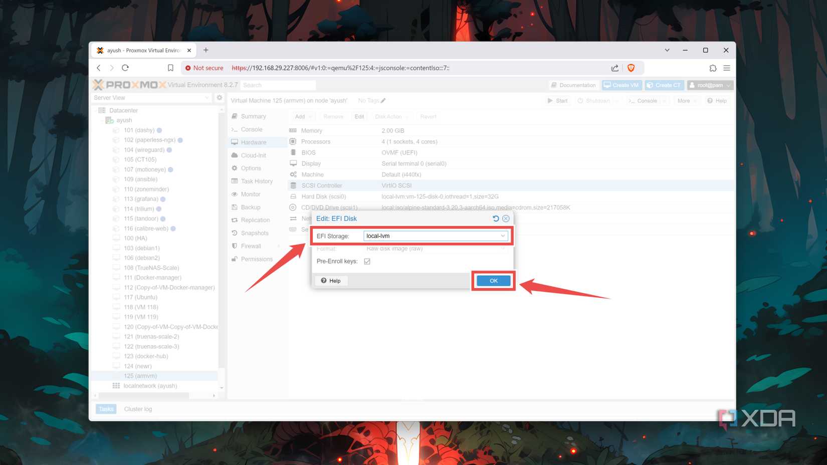 Picking local-lvm as the EFI Storage in the Proxmox web UI