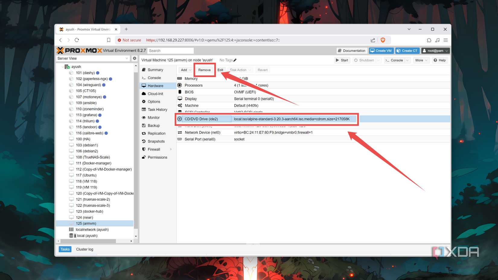 Removing the CD/DVD Drive for a VM in the Proxmox web UI