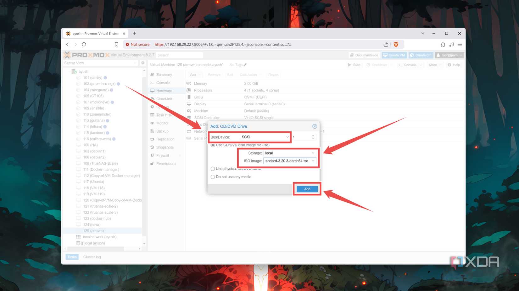 Adding a CD/DVD Drive for a VM in the Proxmox web UI