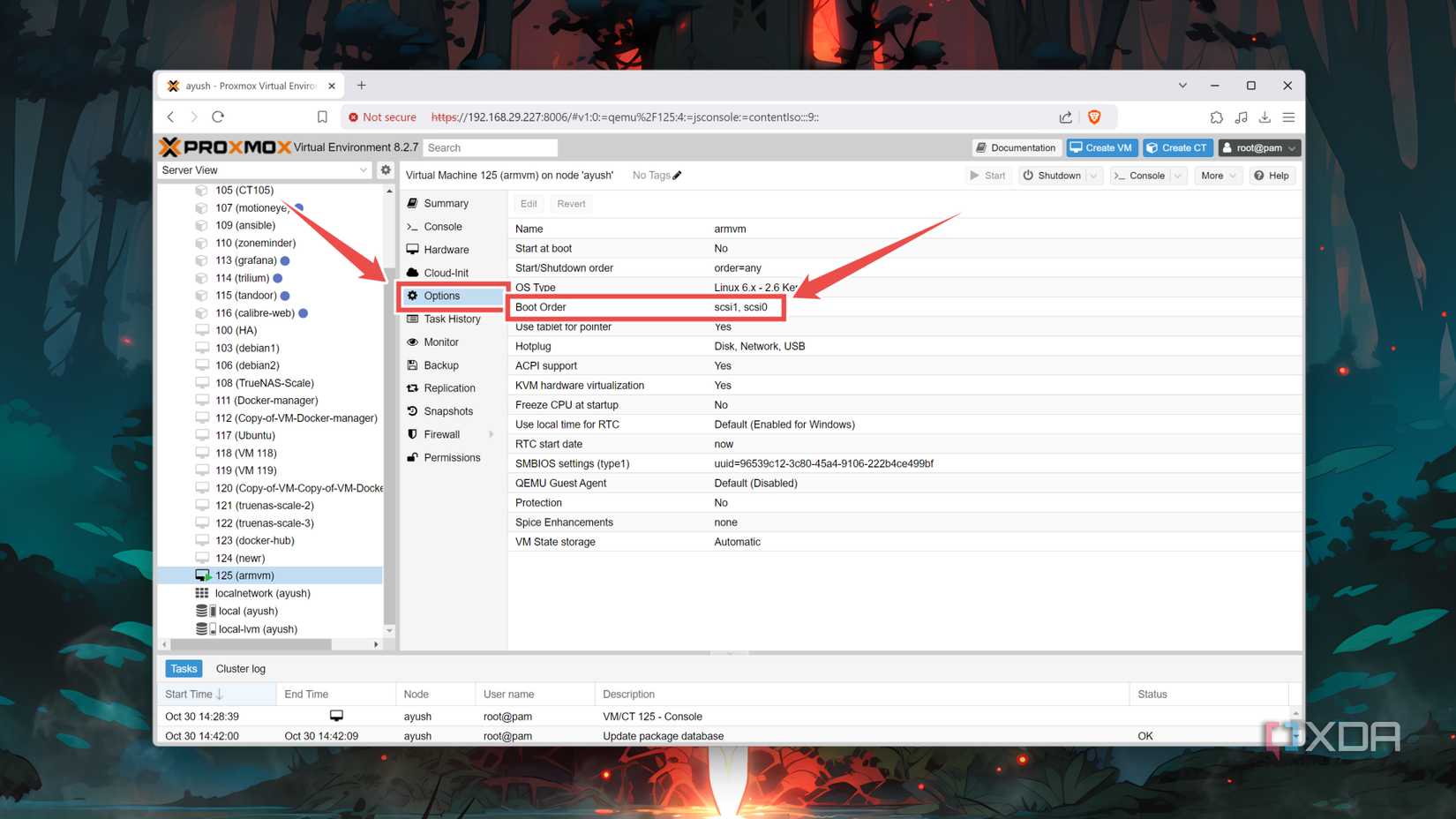 Accessing the Boot order settings of a VM in the Proxmox web UI