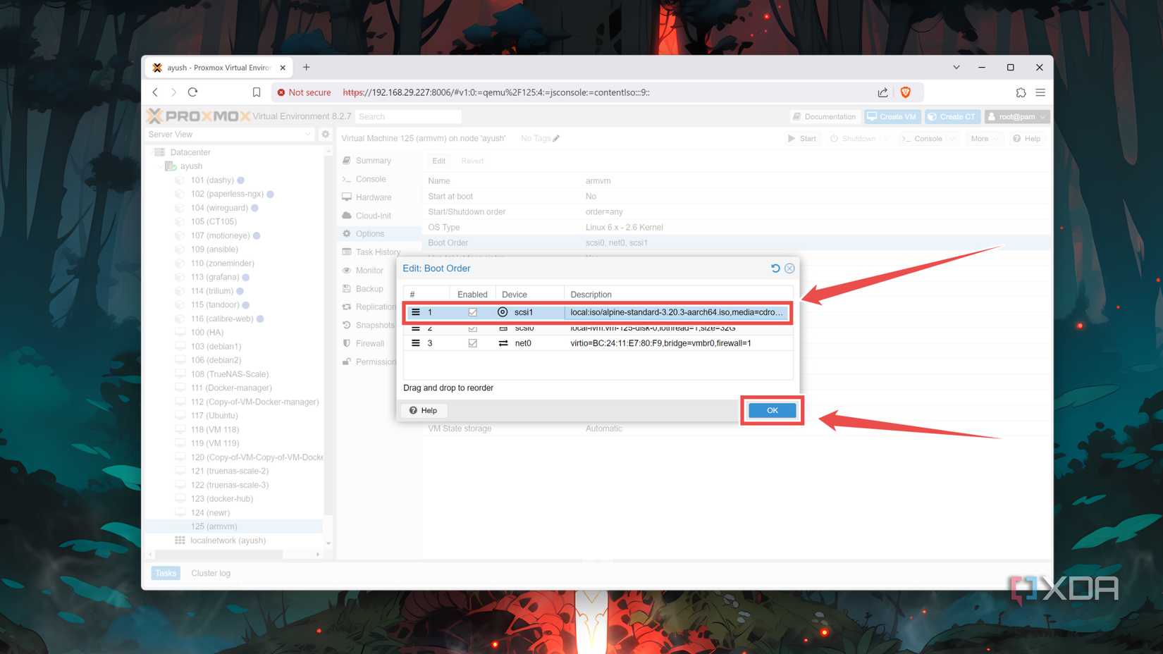 Switching the Boot Order settings of a VM in the Proxmox web UI