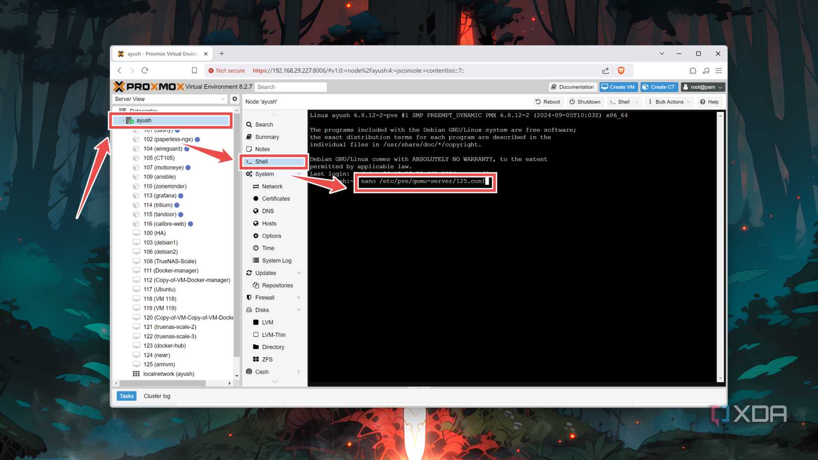 Opening the VM config file in the Proxmox web UI
