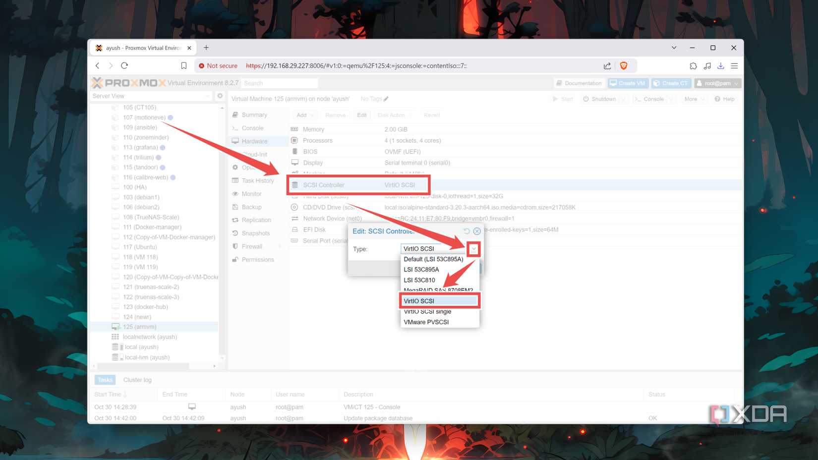 Choosing the SCSI Controller in the Proxmox web UI