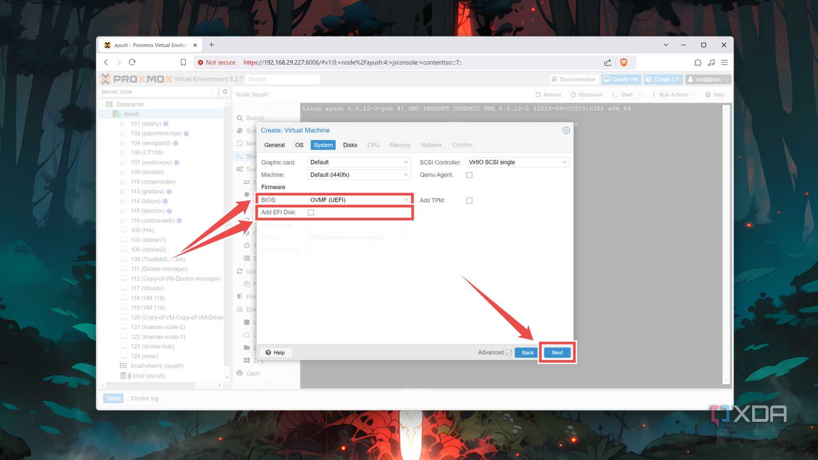 Selecting the OVMF BIOS in Proxmox