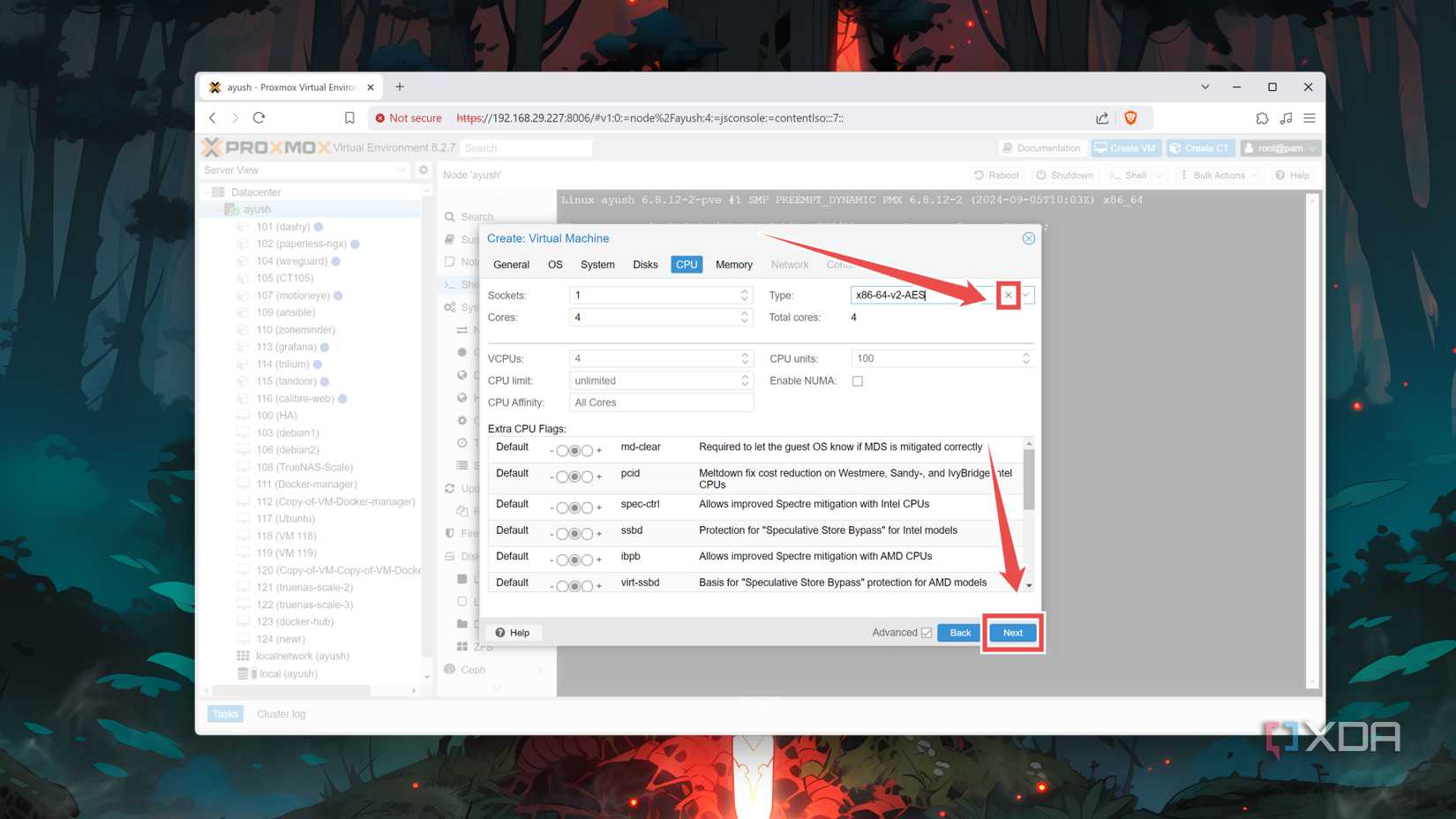 Unchecking the CPU in Proxmox