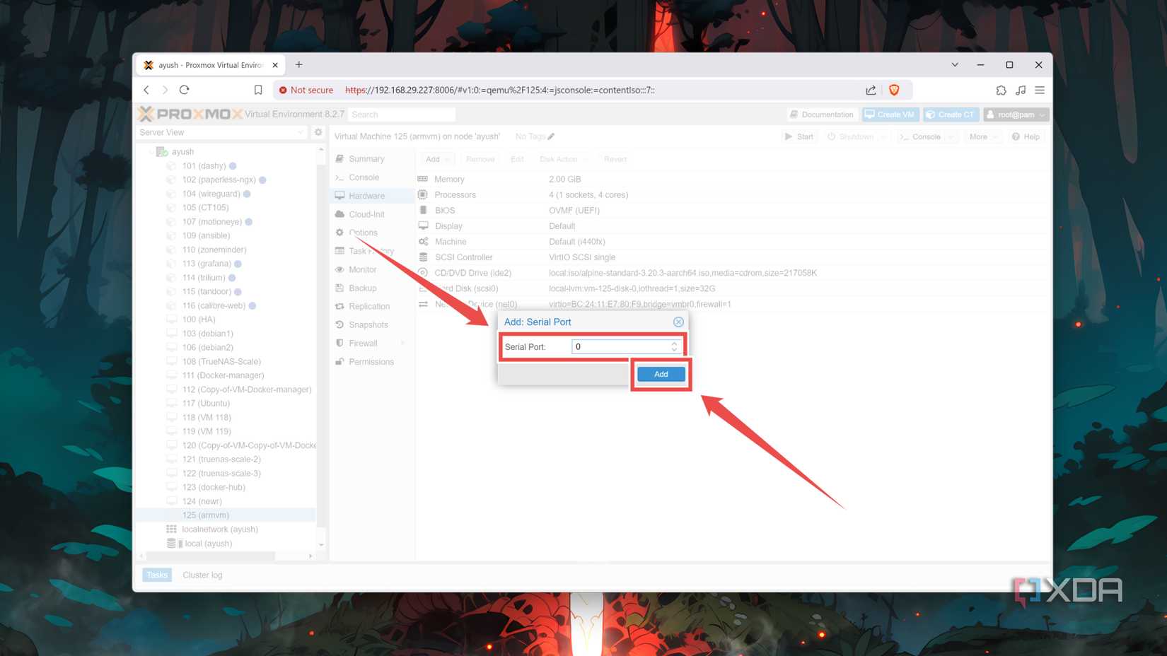 Setting Serial Port to 0 in the Proxmox web UI