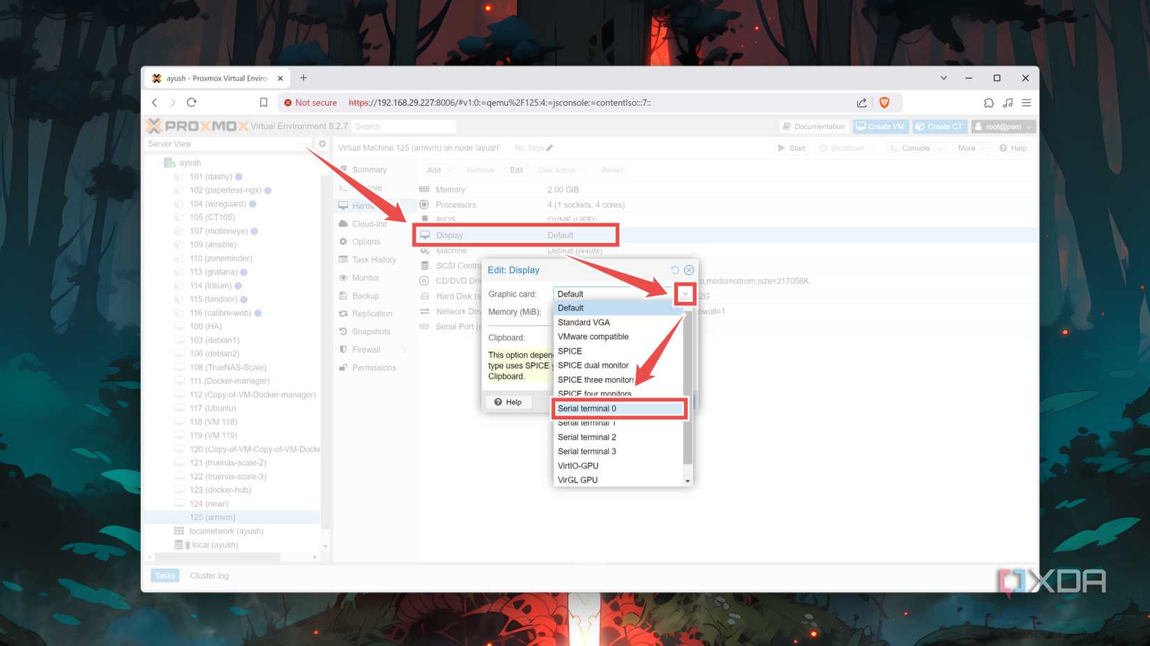 Modifying the Display settings in the Proxmox web UI