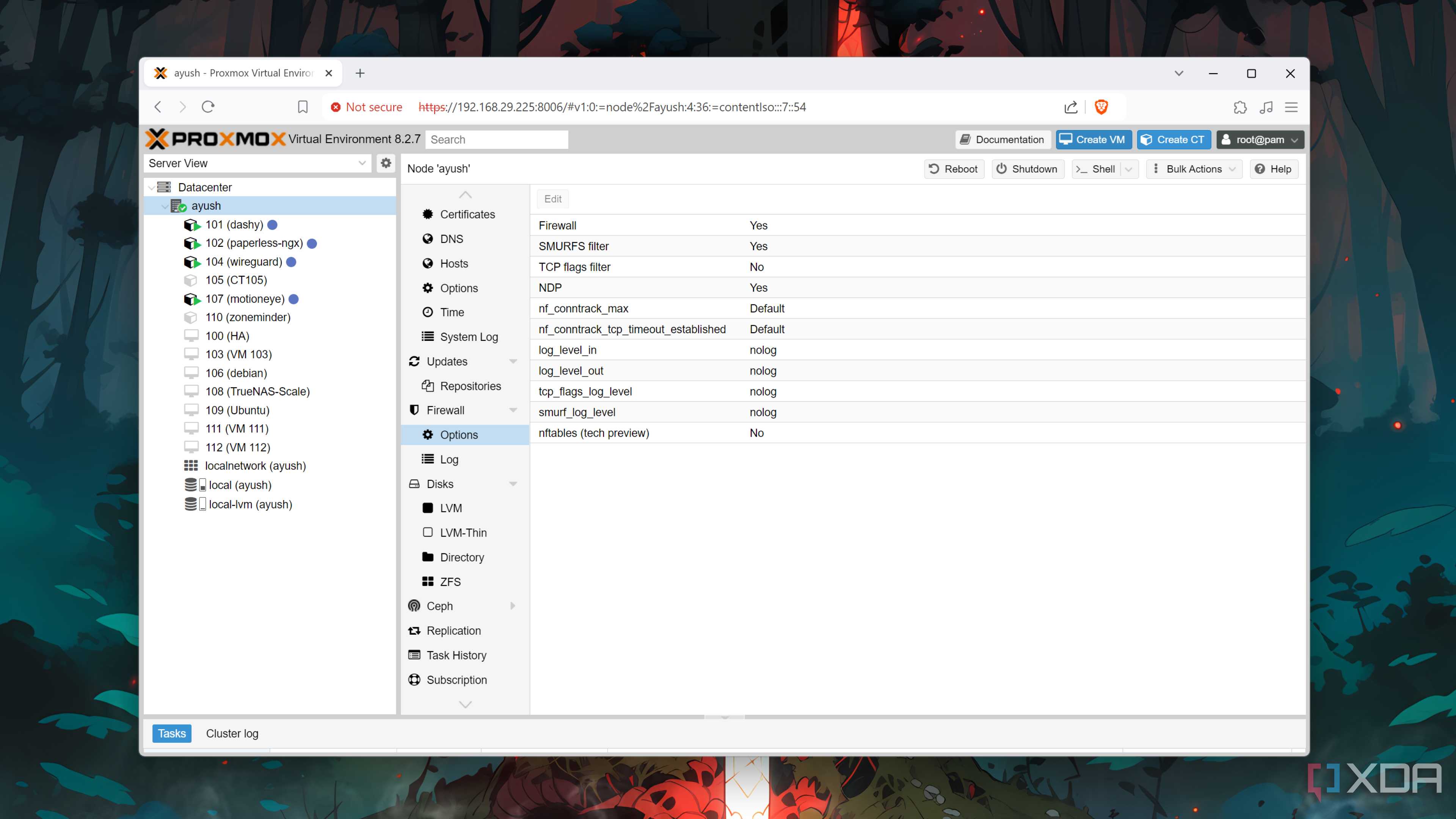 The Firewall settings inside Proxmox
