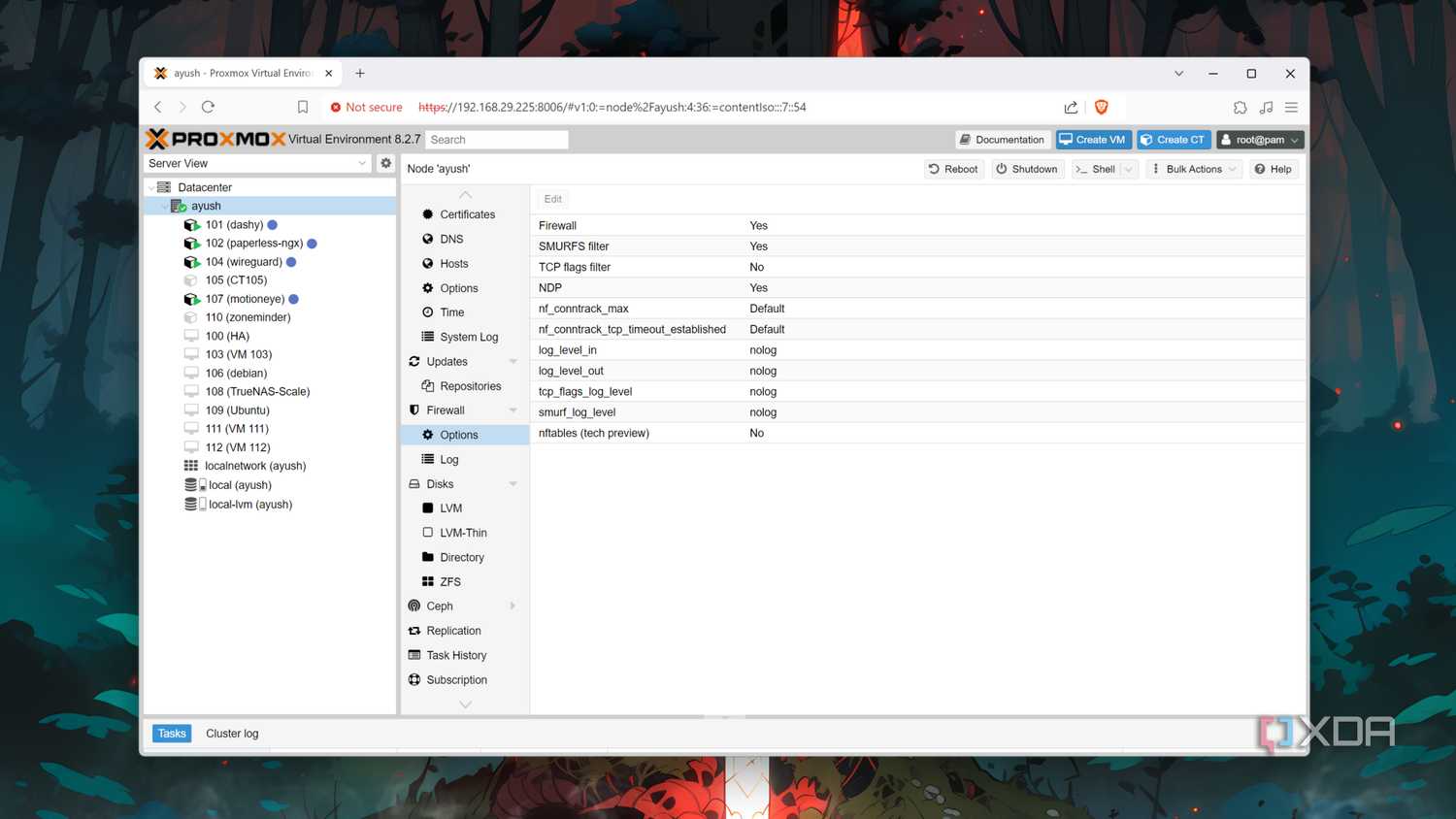The Firewall settings inside Proxmox