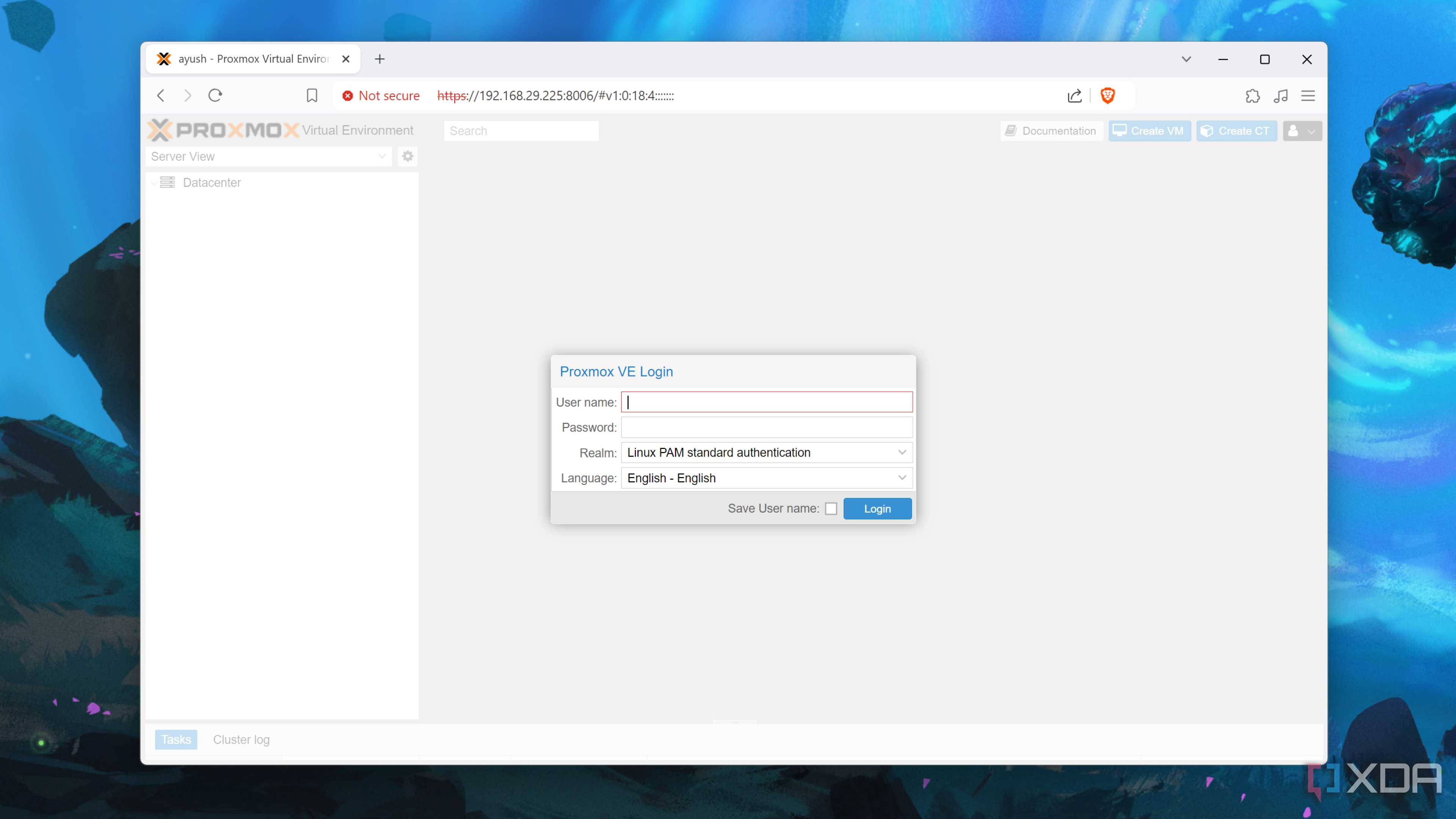The Proxmox login page