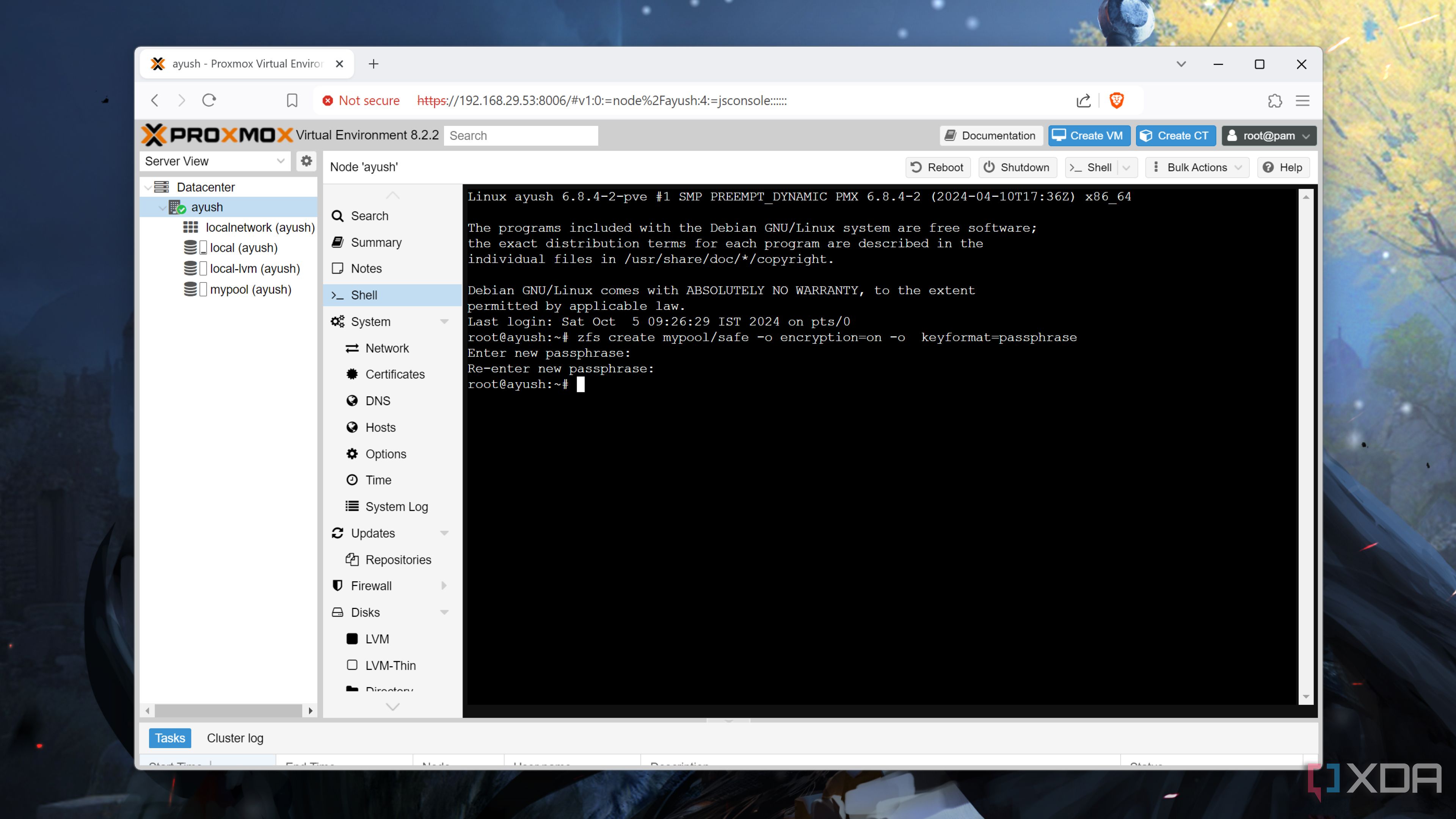 Executing the command to encrypt a ZFS pool