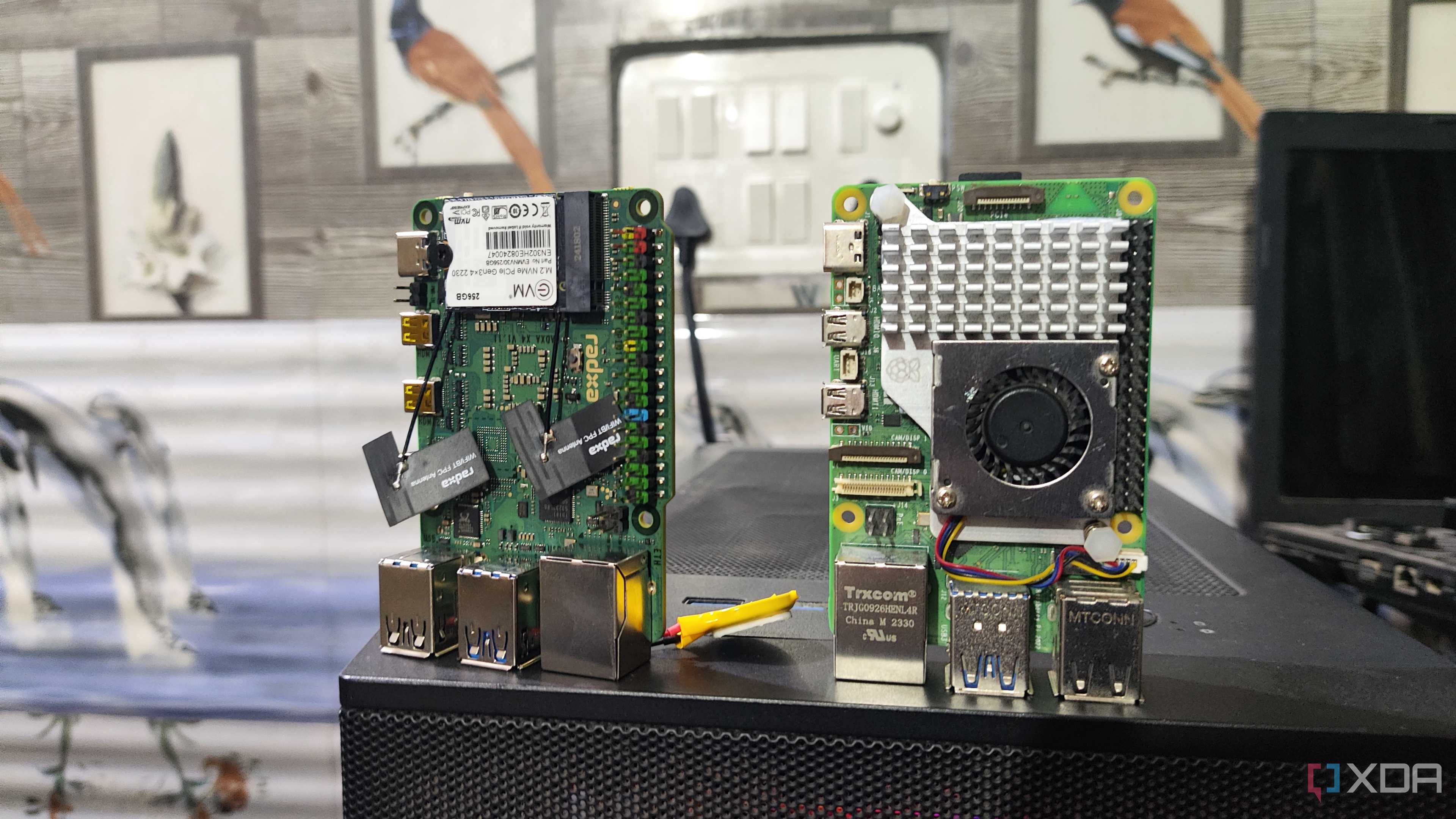 A Radxa X4 next to a Raspberry Pi 5