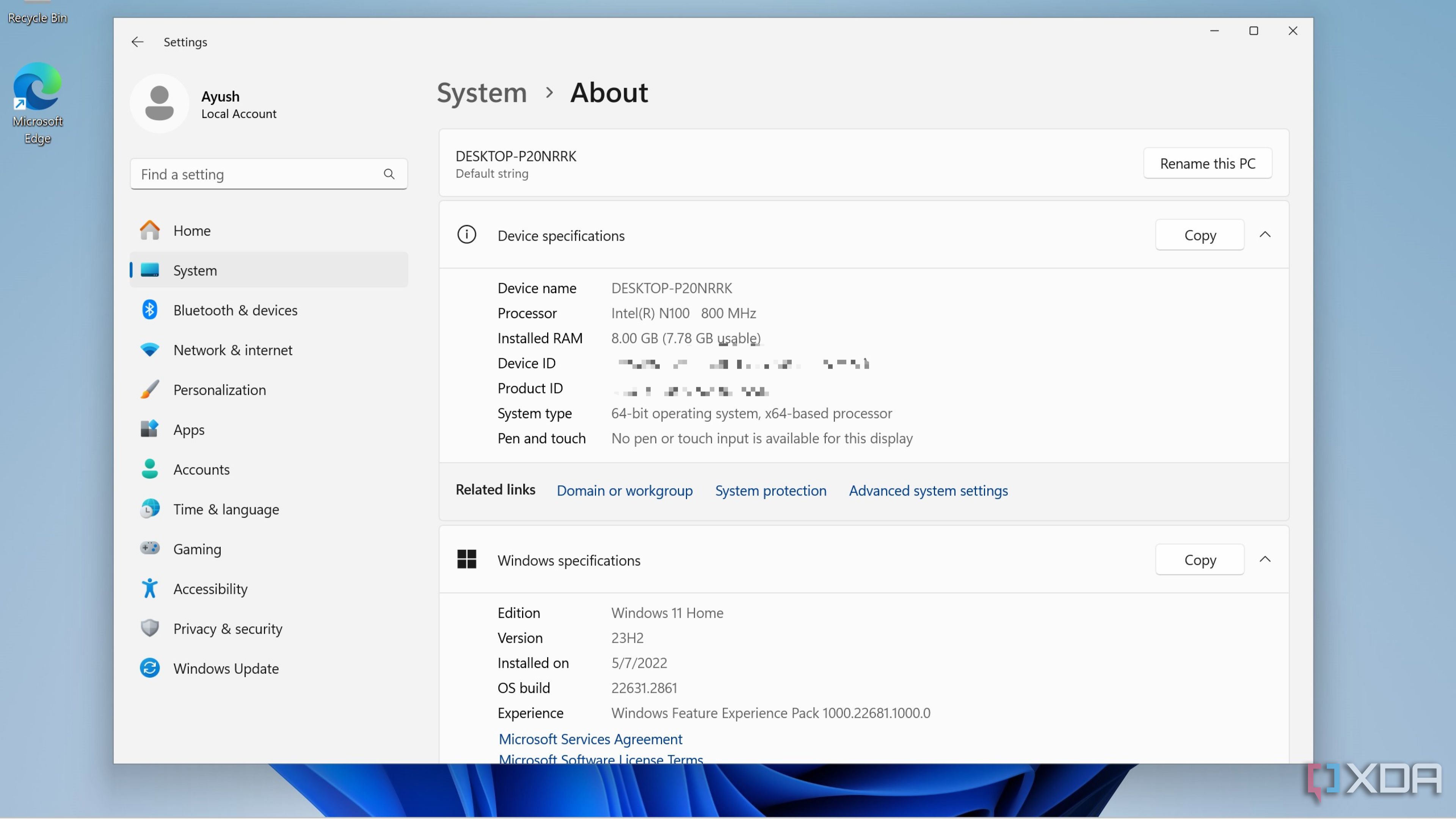 The settings app displaying the specs of the Radxa X4