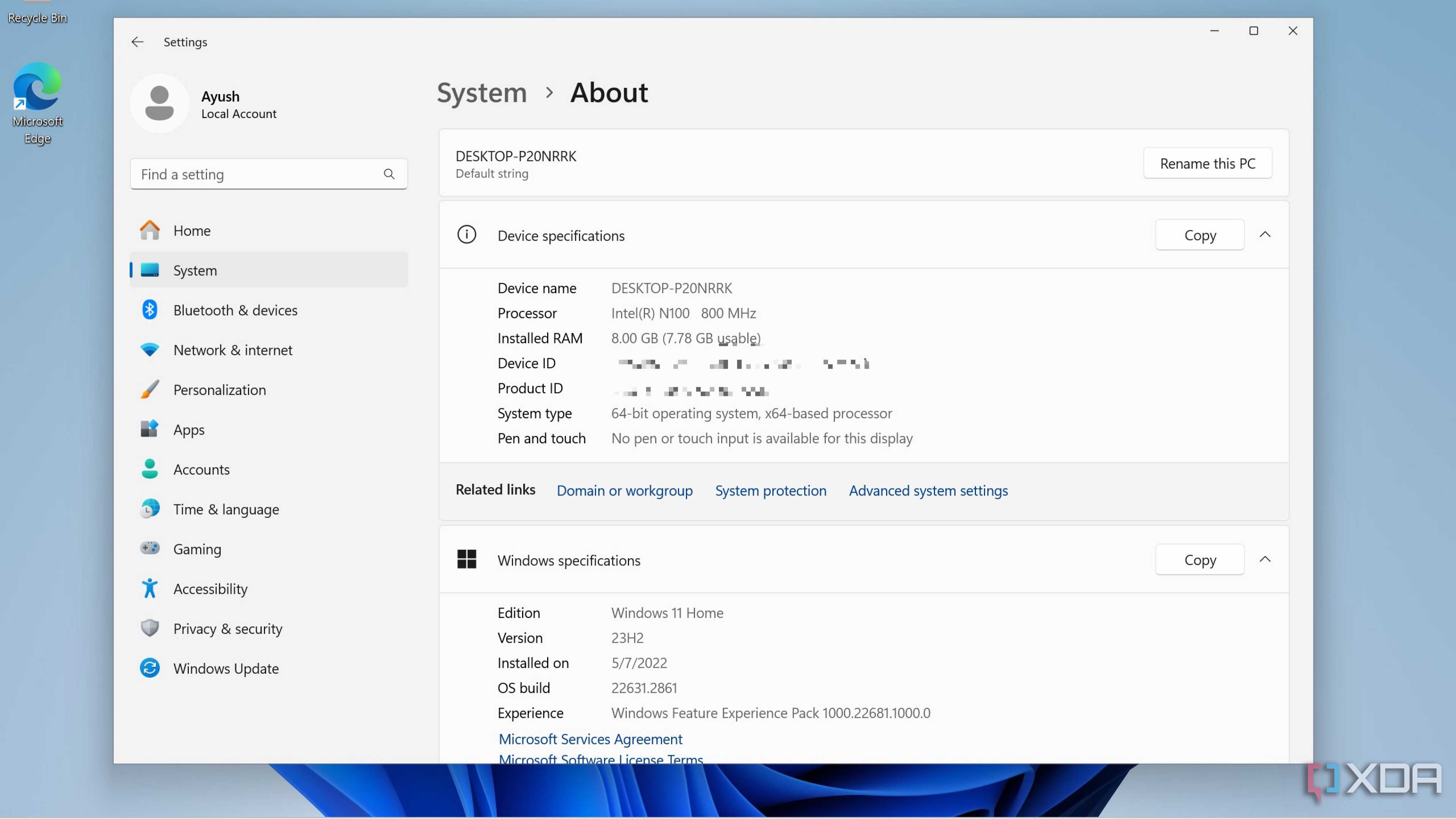 The settings app displaying the specs of the Radxa X4