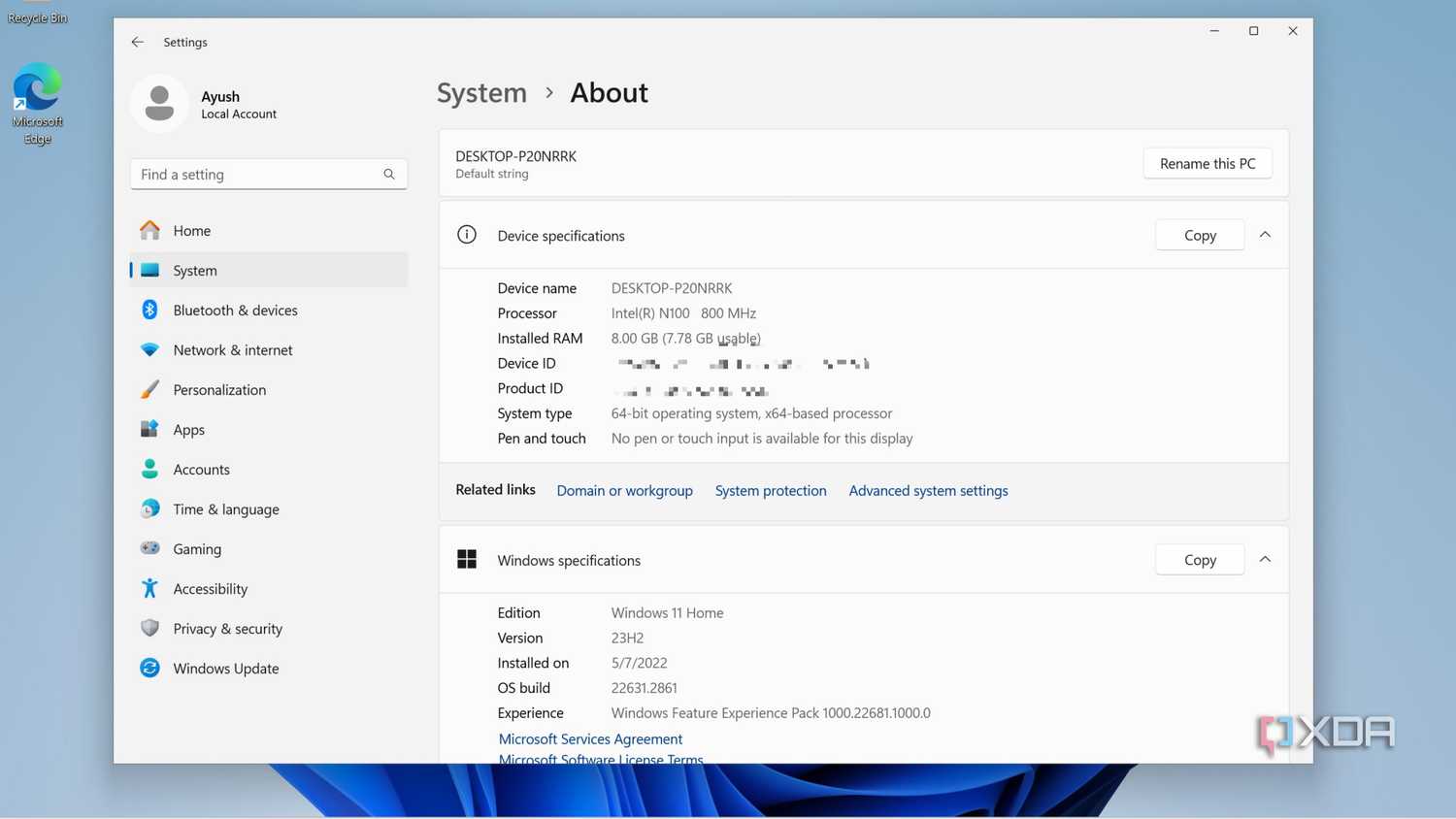 The settings app displaying the specs of the Radxa X4