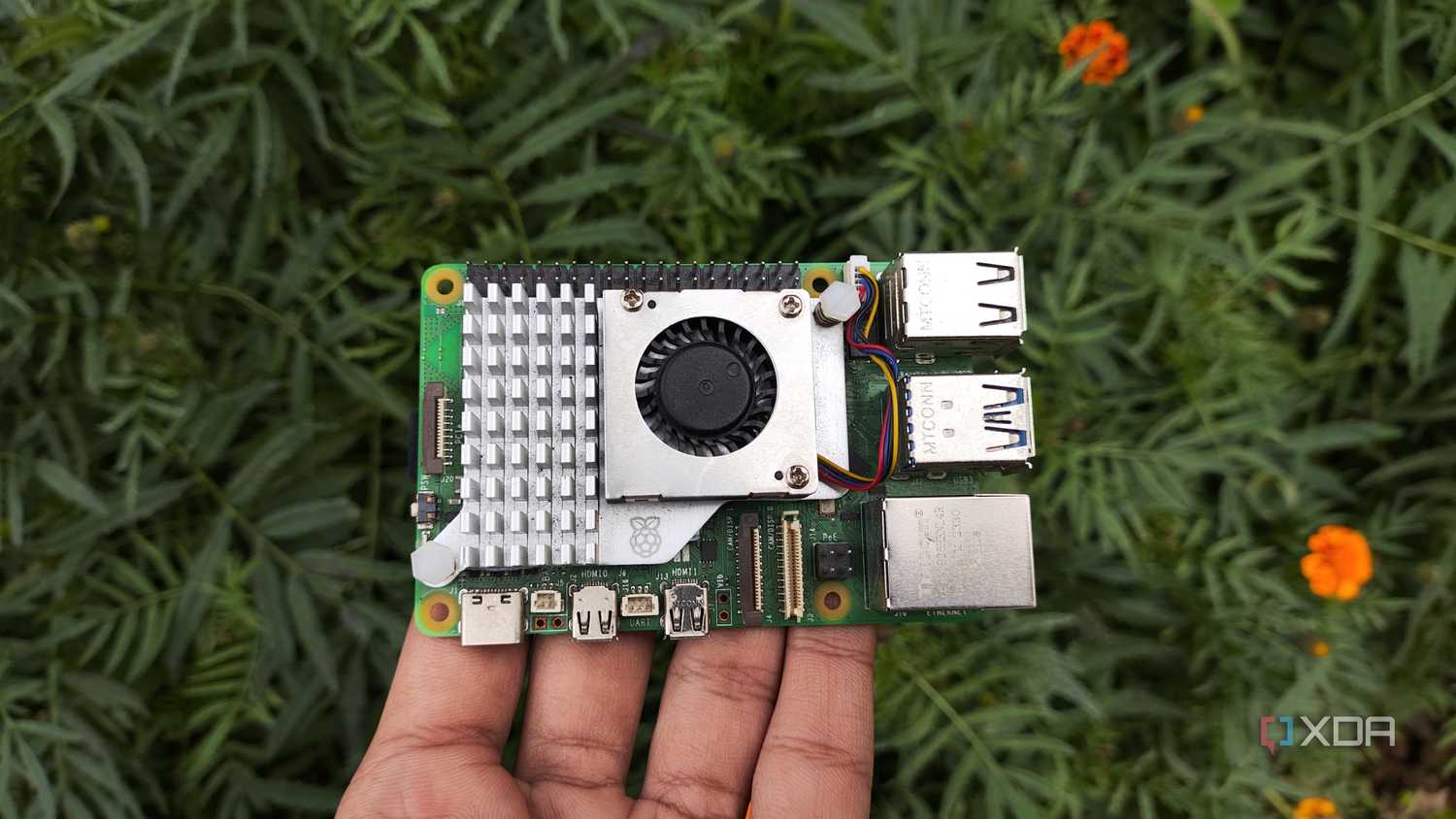 A person holding a Raspberry Pi 5