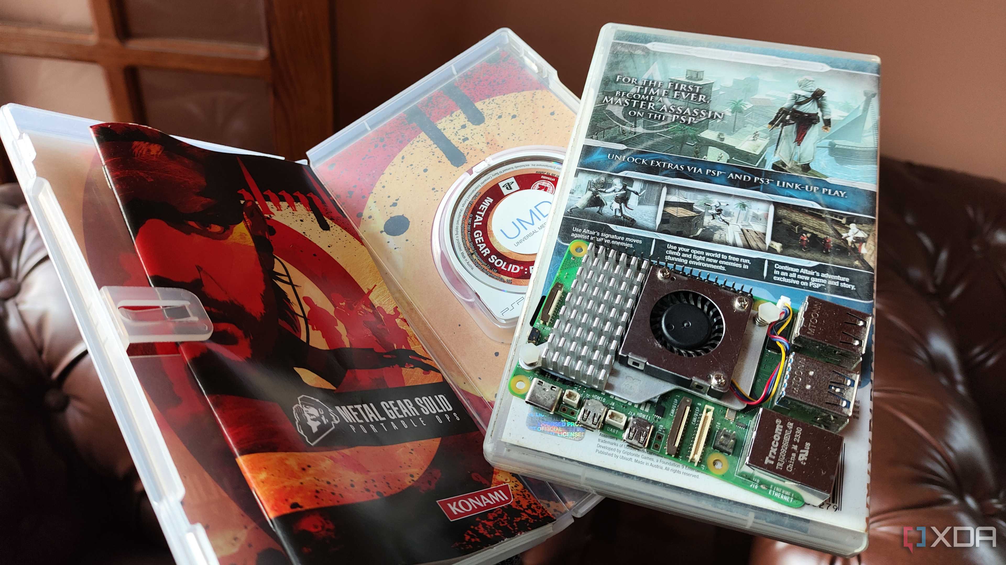 The Raspberry Pi 5 with some PSP UMDs