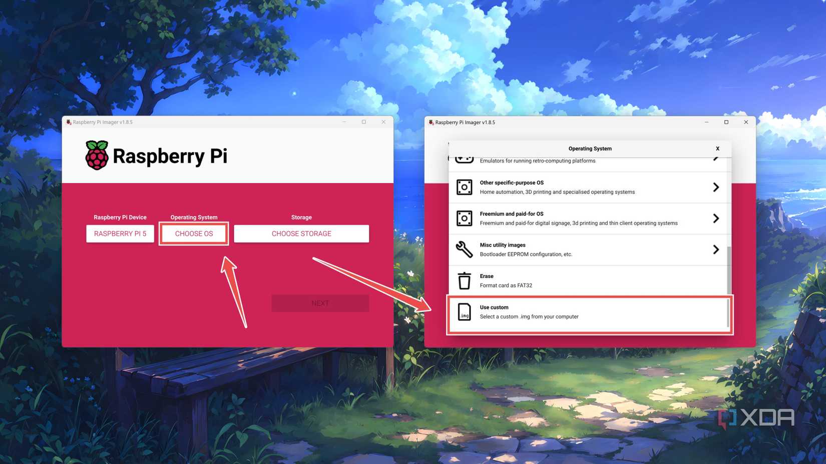Selecting the Use Custom option in the Raspberry Pi Imager