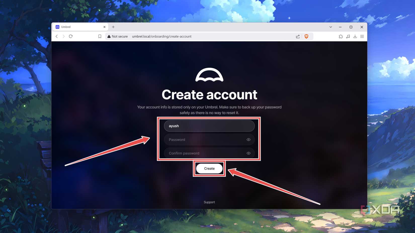 Creating an account in UmbrelOS