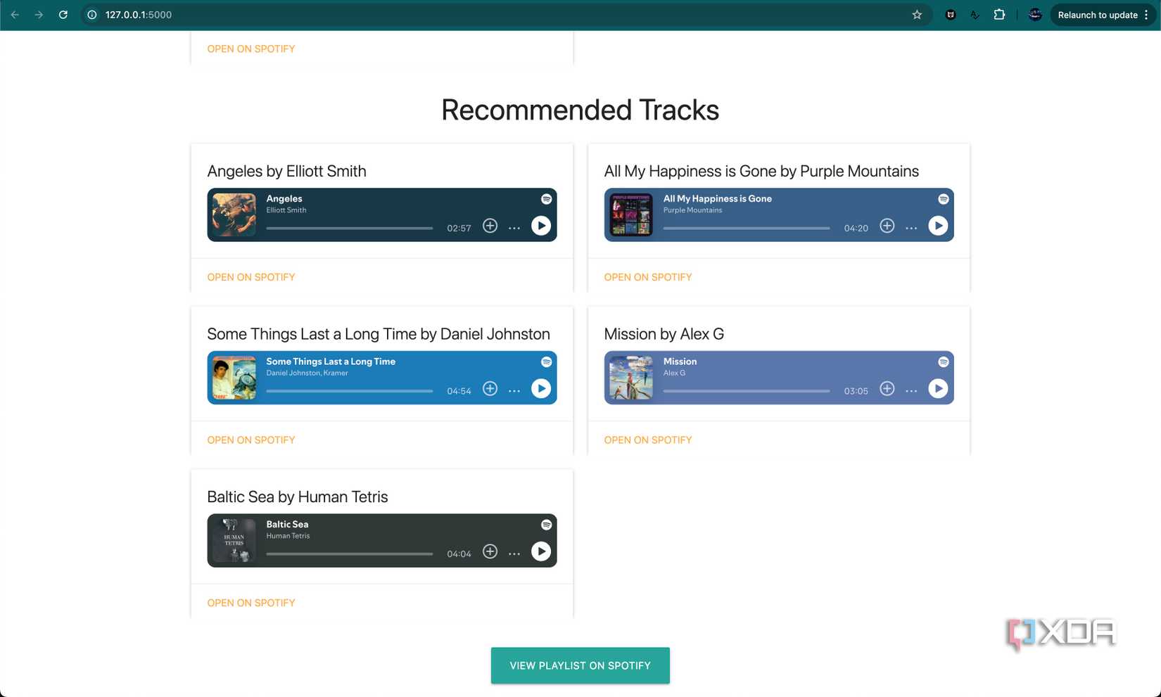Listing recommended tracks calculated with the Spotify API