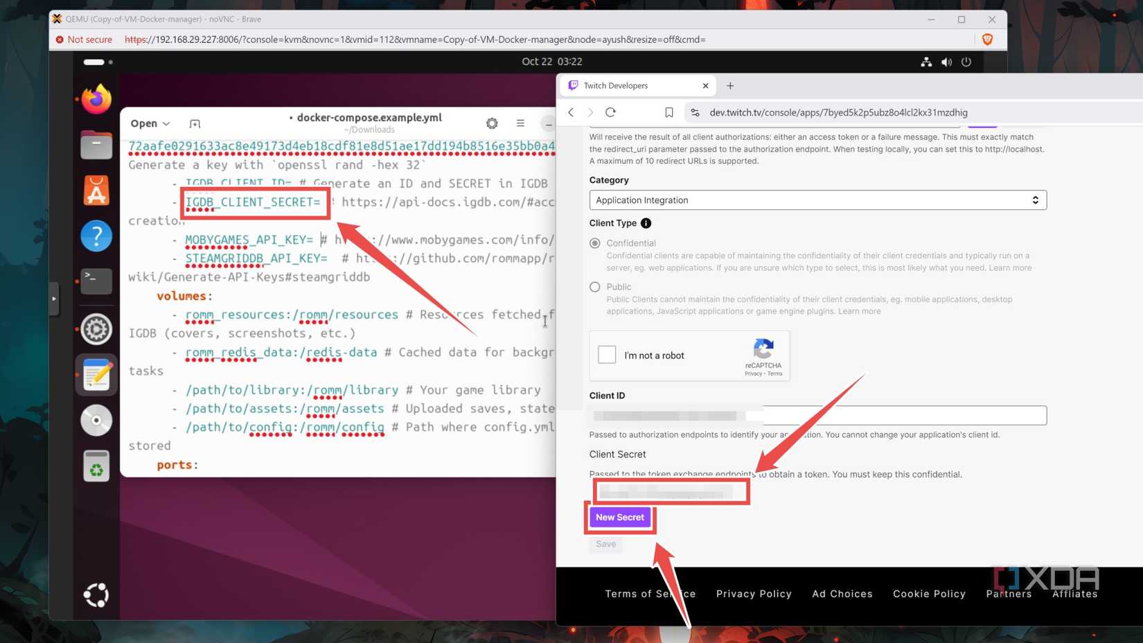 Pasting the Client Secret inside the Docker compose file for RomM