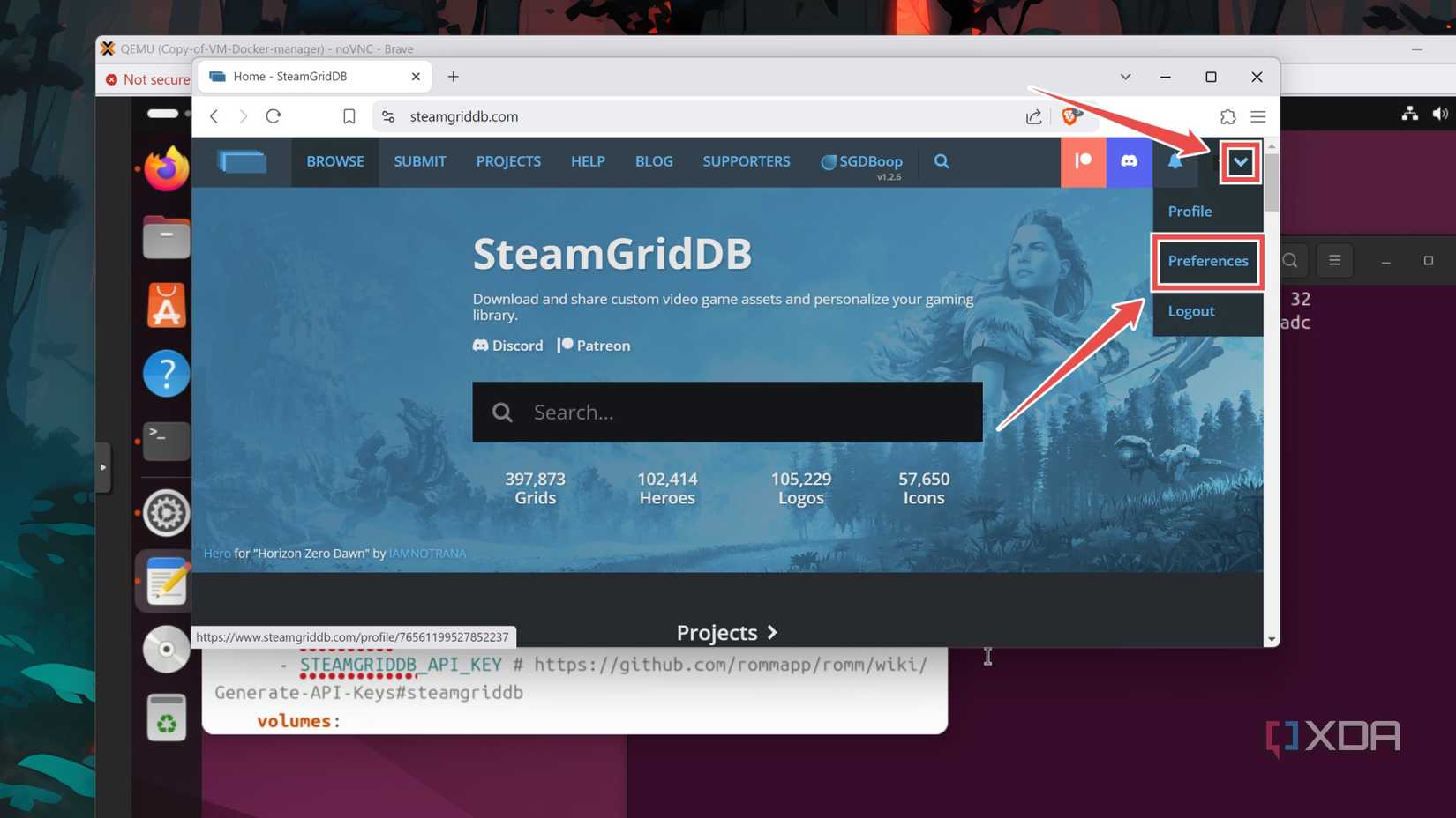 The preferences option on the SteamGridDB page