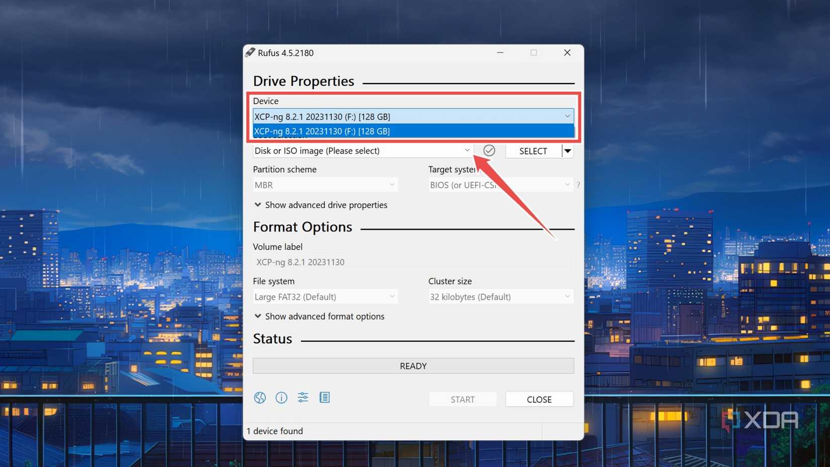 Choosing the XCP-ng ISO in Rufus