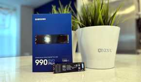 Samsung 990 EVO Plus SSD and box on a countertop