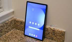 The display of the Galaxy Tab S10+ leaning against a wall.